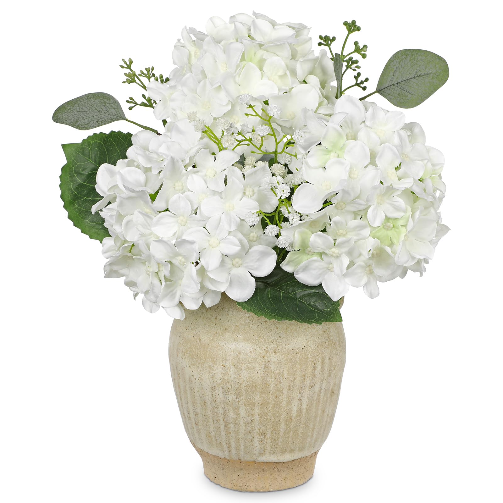 Briful 33CM White Hydrangea Artificial Flowers in Vase - Silk Hydrangea Realistic Gypsophila Fake Flowers with Rustic Ceramic Vase - 12.9" Faux Flowers for Centerpieces Table Home Decor