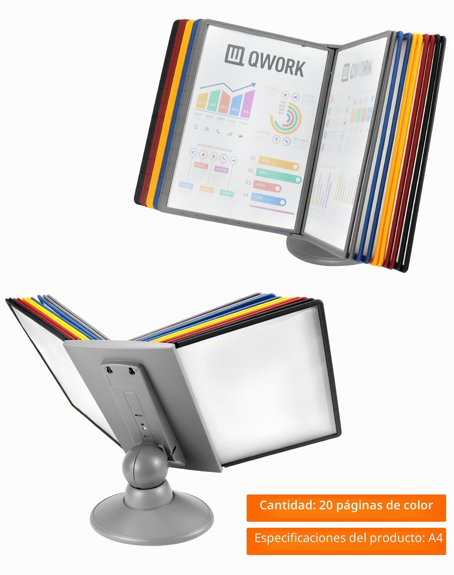 QWORK® expositor de mesa, ajustable 360°, portadocumentos multicolor para salas de exposiciones, restaurantes, oficinas, lugares públicos , 20 tableros de exhibición A4