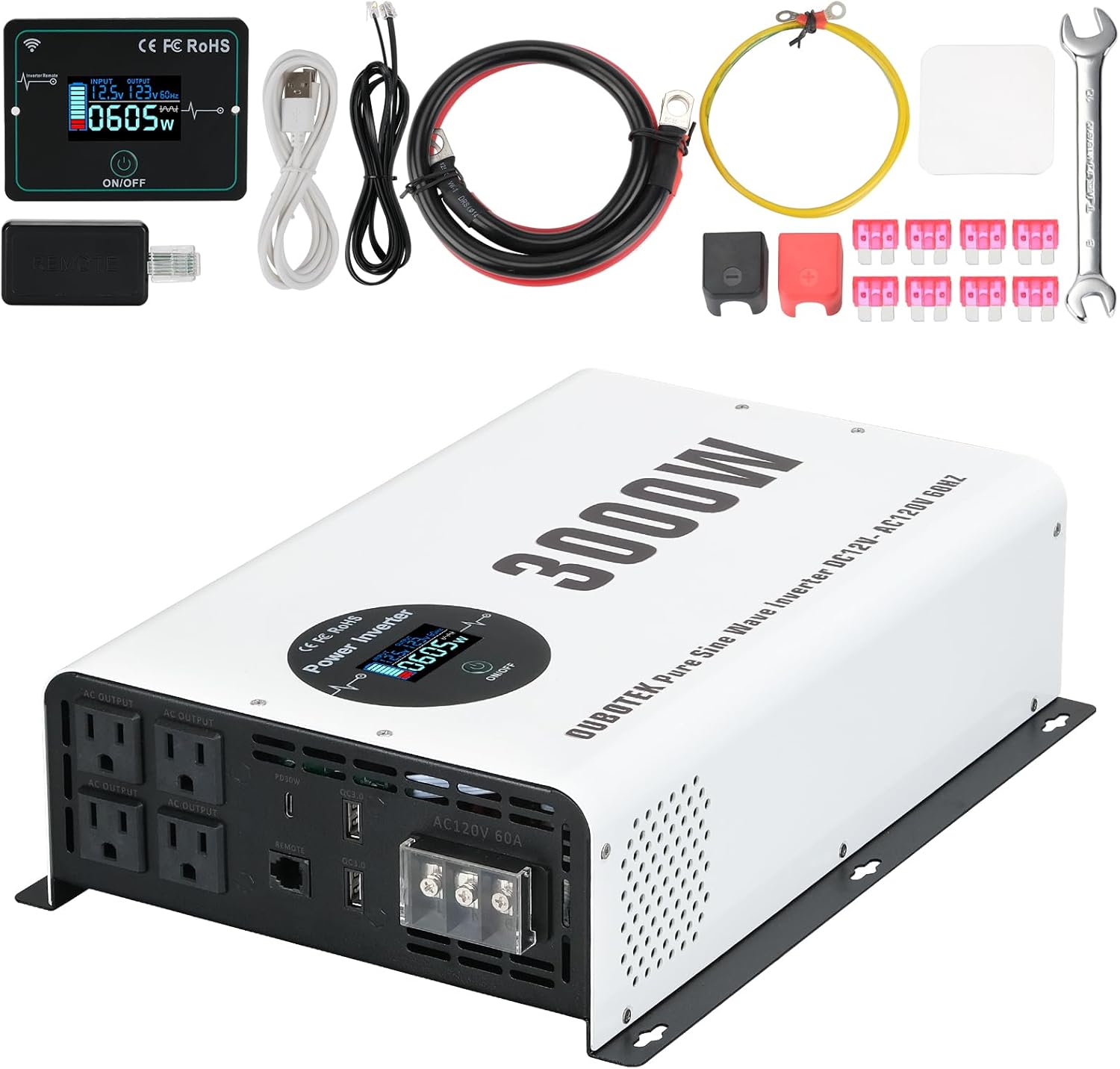 Power Inverter 3000 Watt Pure Sine Wave Inverter DC 12V to AC 120V Converter for RV,Truck,Home,Off Grid Solar Inverter with Wireless Remote Control LCD Display 4 AC Outlets and Hardwire Port