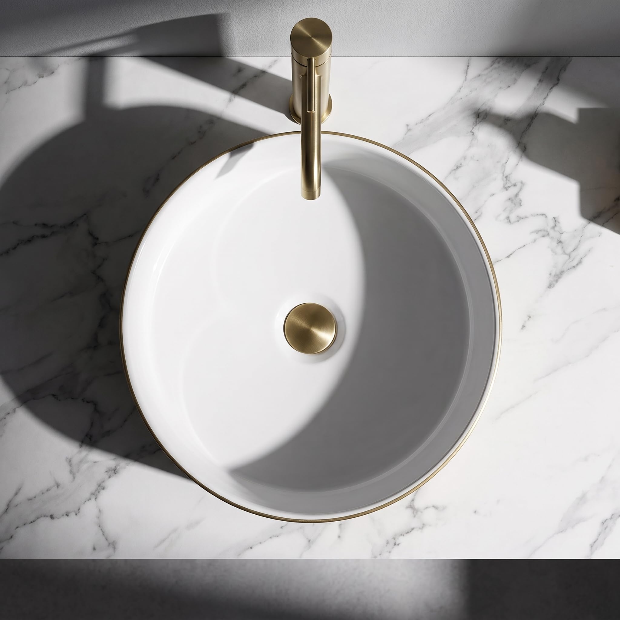 LAVITA Aufsatzwaschtisch Merida Brushed Gold Aufsatzwaschbecken Rund Waschbecken Ohne Überlauf und Hahnloch Aus hochwertigem Porzellan Waschtisch modernes Badkeramik Waschplatz 37x37x12 cm Weiß/Gold