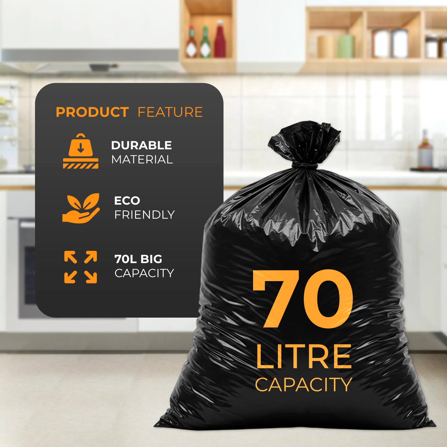 Roe Tenpo Paquete de 500 bolsas de basura resistentes, 70 L, 30 micras, fuertes y duraderas, resistentes a desgarros, bolsas de basura negras para uso diario, hogar y uso comercial