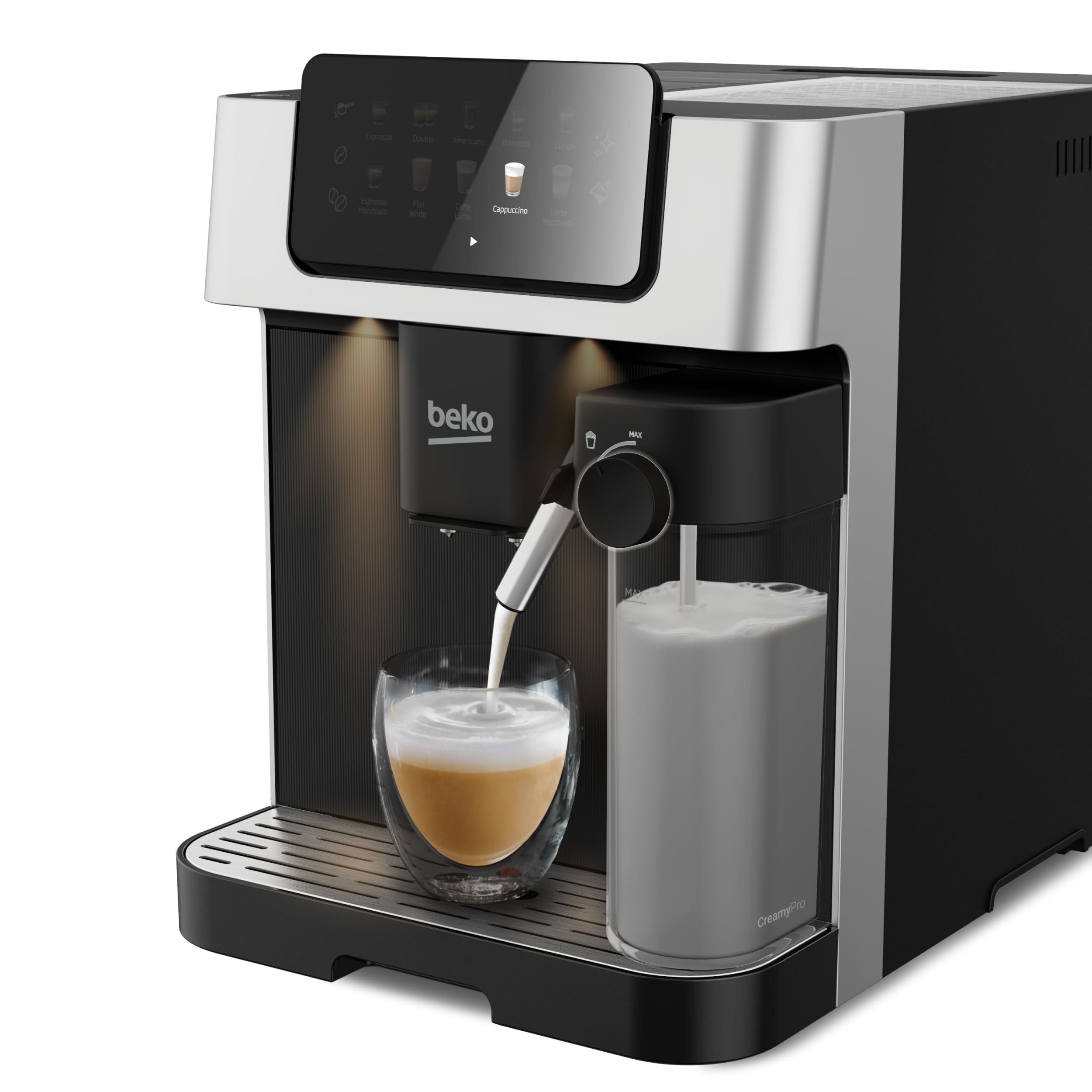 BEKO CEG7304X - Macchina Caffè Automatica Caffe in Grani con Macina Caffè e Chicchi Integrato - Macchinetta con Lattiera per Espresso e Cappuccino, Display Touch, Pressione 19 Bar 27,5x40,5xh34 - Nero