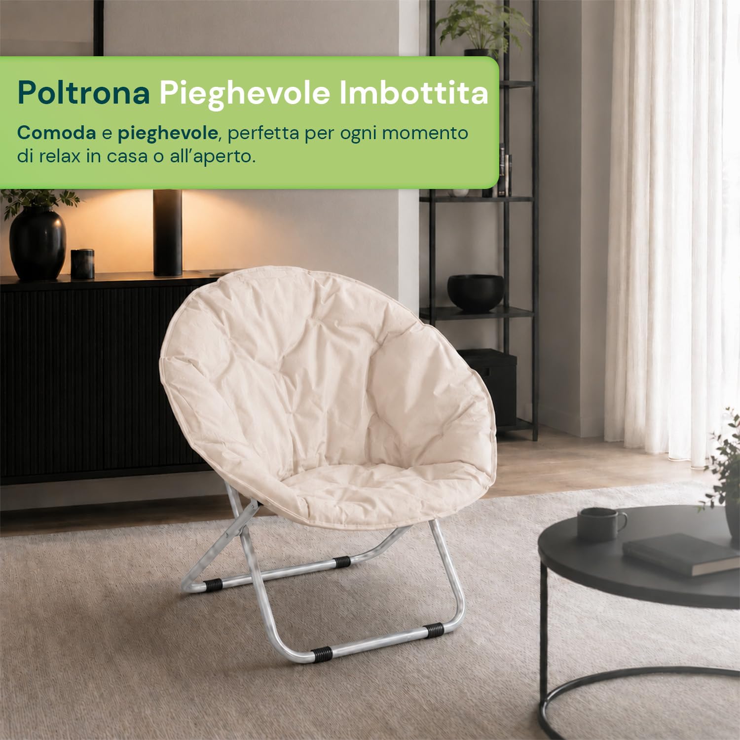 Poltrona Pieghevole Imbottita Tessuto Oxford Acciaio Antiruggine Interno Esterno 100 kg L80xP36xA80 cm Beige