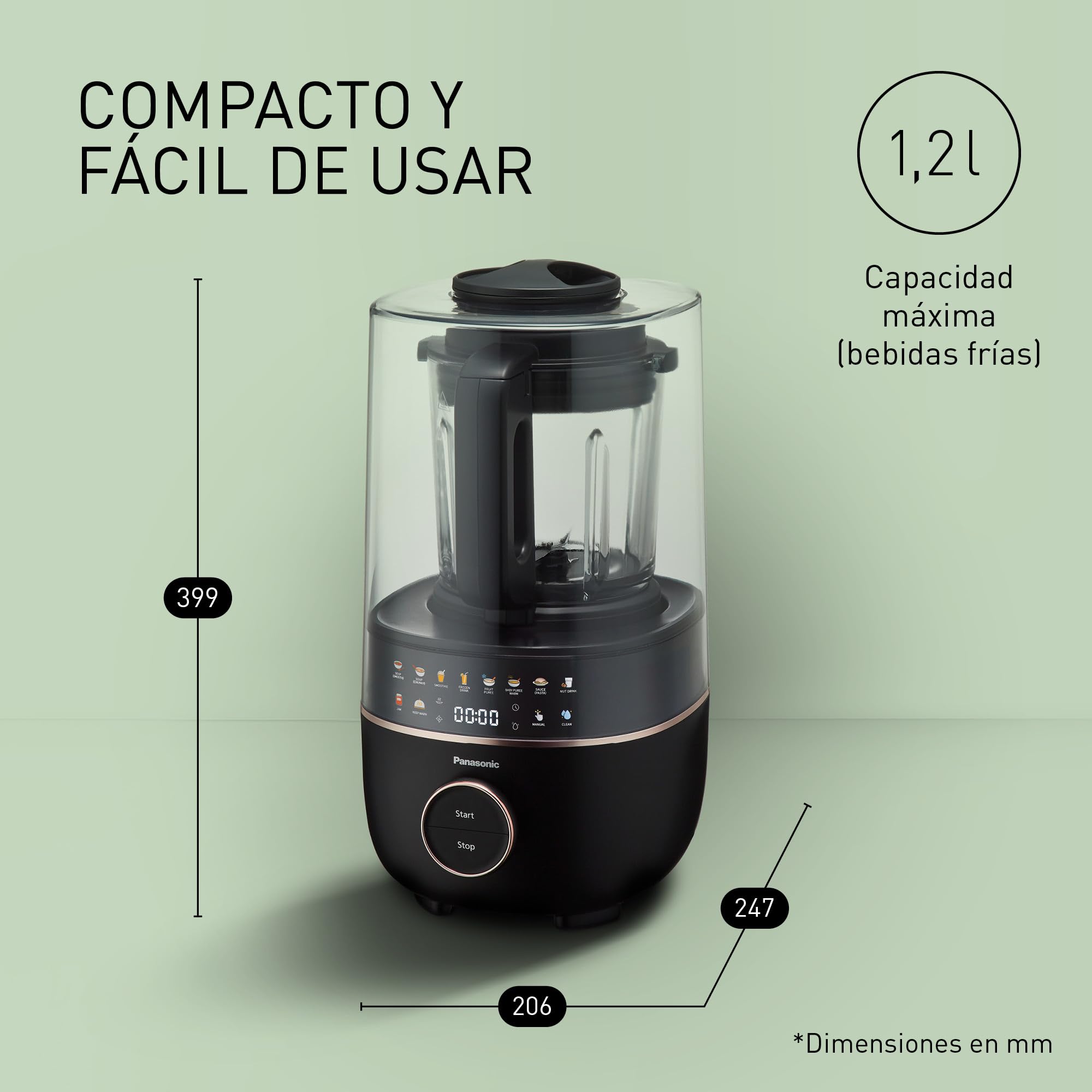 Panasonic MX-HG4401KXE Licuadora y Maquina para Sopa, 1.2 L, 800 W, Caliente y Frío, 9 Modos Automáticos, 10 Velocidades, Temporizador, Mantener Caliente, Limpieza Automática, Negro y Oro Rosa