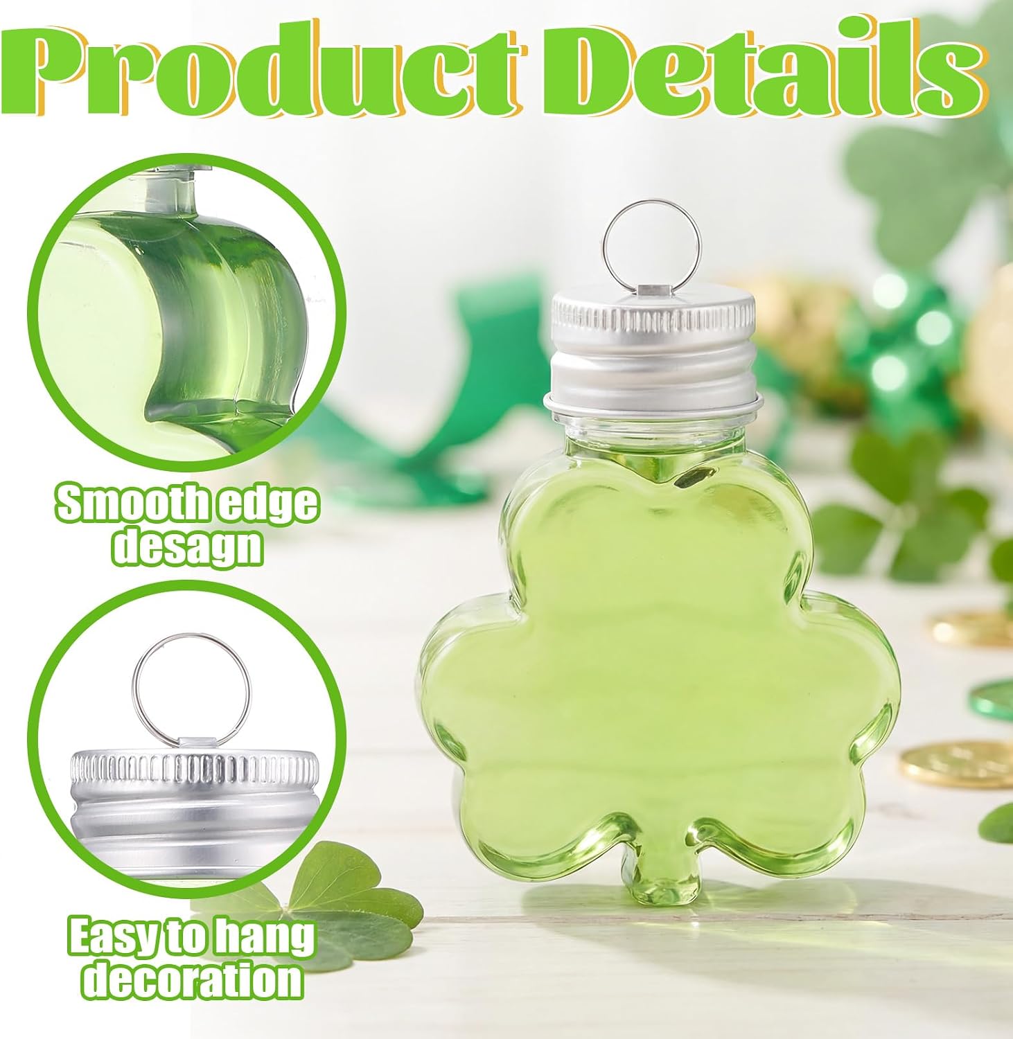 50 Pcs 50 ml Lucky Hanging Clover Bottles Mini Clover Shaped Beverage Bottles Paired with DIY Shamrocks Ornament for Party Favors, Drink Containers, Gift Supplies (Clear)
