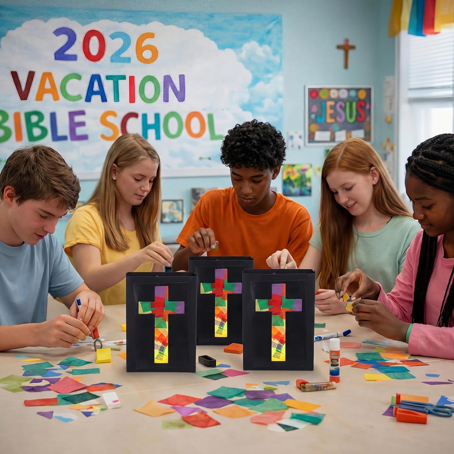 16 Set 2026 Vbs Cross Lantern Craft Kit DIY Illumination Theme Faux Stained Glass Paper Lanterns with LED Candle Lights Religious Easter Make Your Own Craft Bulk for Church Vacation Holiday