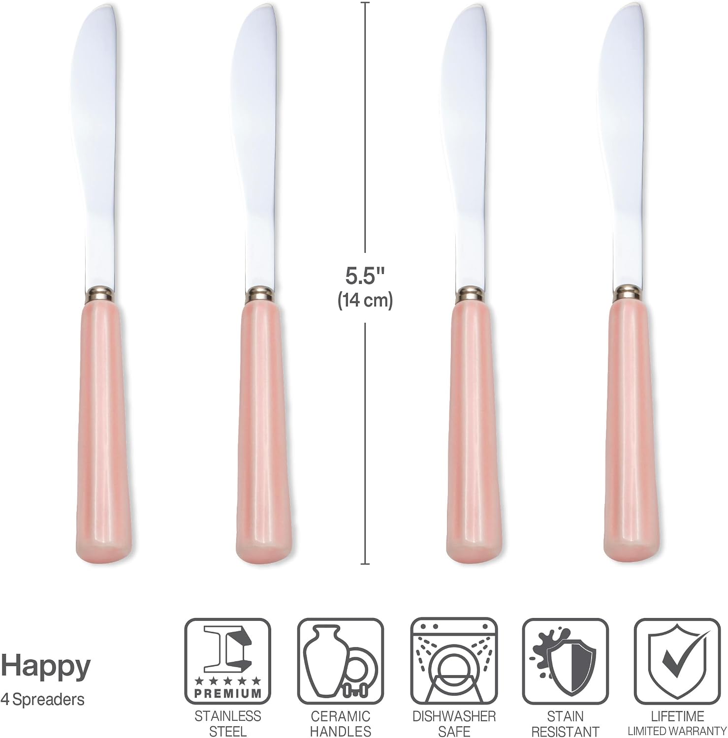 International Silver Happy Collection Spreader Set of 4-18/10 Stainless Steel with Pink Ceramic Handle, Dishwasher Safe Flatware for Any Table Setting