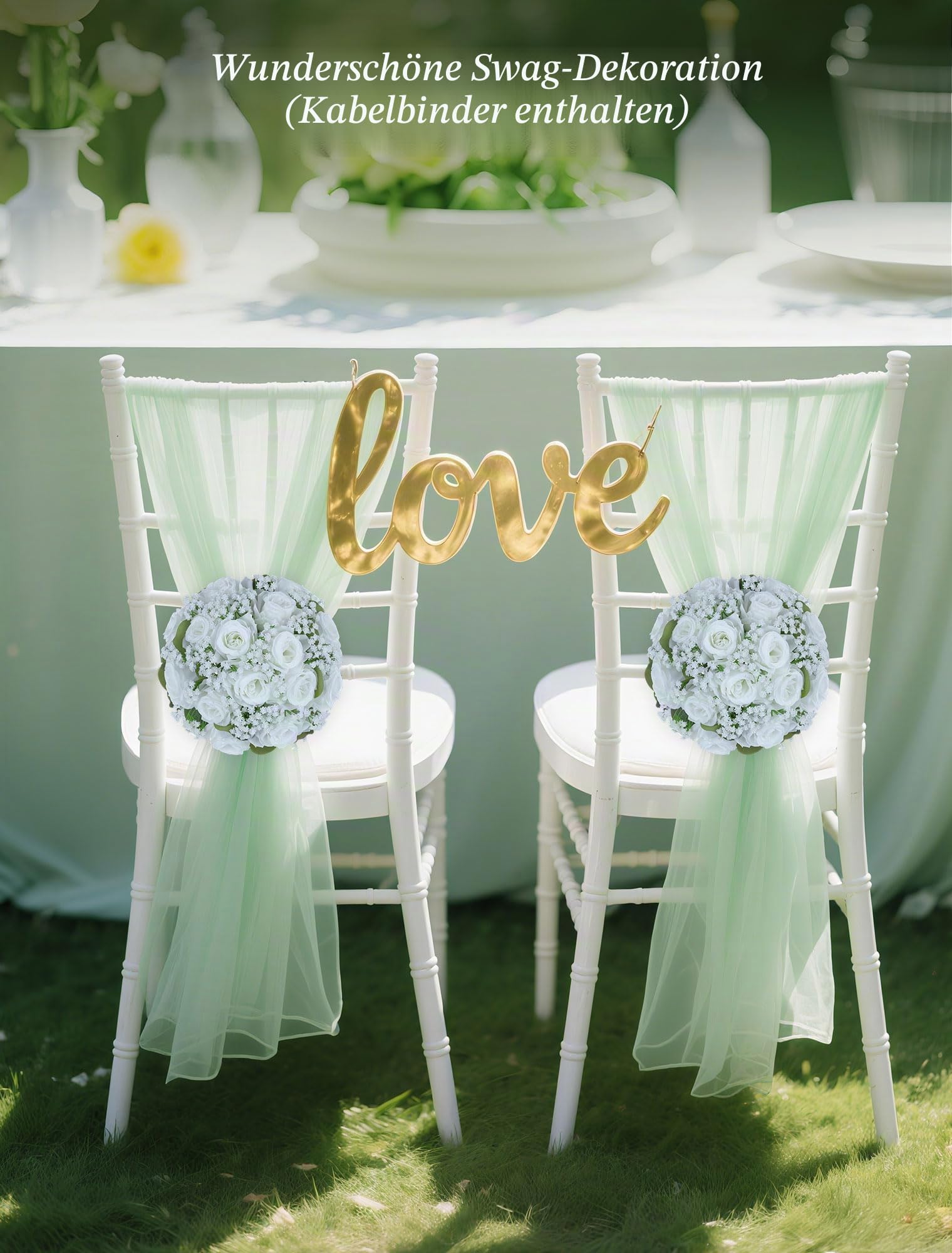 BLOSMON Kunstblumen Rosen Schleierkraut Hochzeitsdeko, 10 Stück, Weiß | Künstliche Rose Gypsophila Blumenstrauß, Blumen Kugeln für Tischdeko, Hochzeit Party, Tafelaufsätze Dekoration, Zimmer Deko