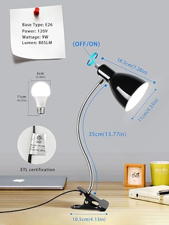 Desk lamp Eye-Caring Table Lamps, 360Rotation Gooseneck Clip on Lamp Reading Light Portable Reading Book Light Clamp Study Desk Lamps for Bedroom and Office Home Lighting (Black)