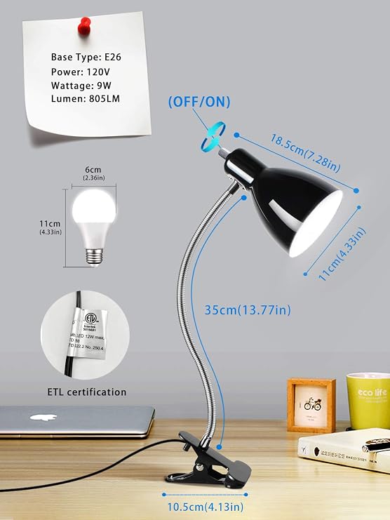 Desk lamp Eye-Caring Table Lamps, 360Rotation Gooseneck Clip on Lamp Reading Light Portable Reading Book Light Clamp Study Desk Lamps for Bedroom and Office Home Lighting (Black)