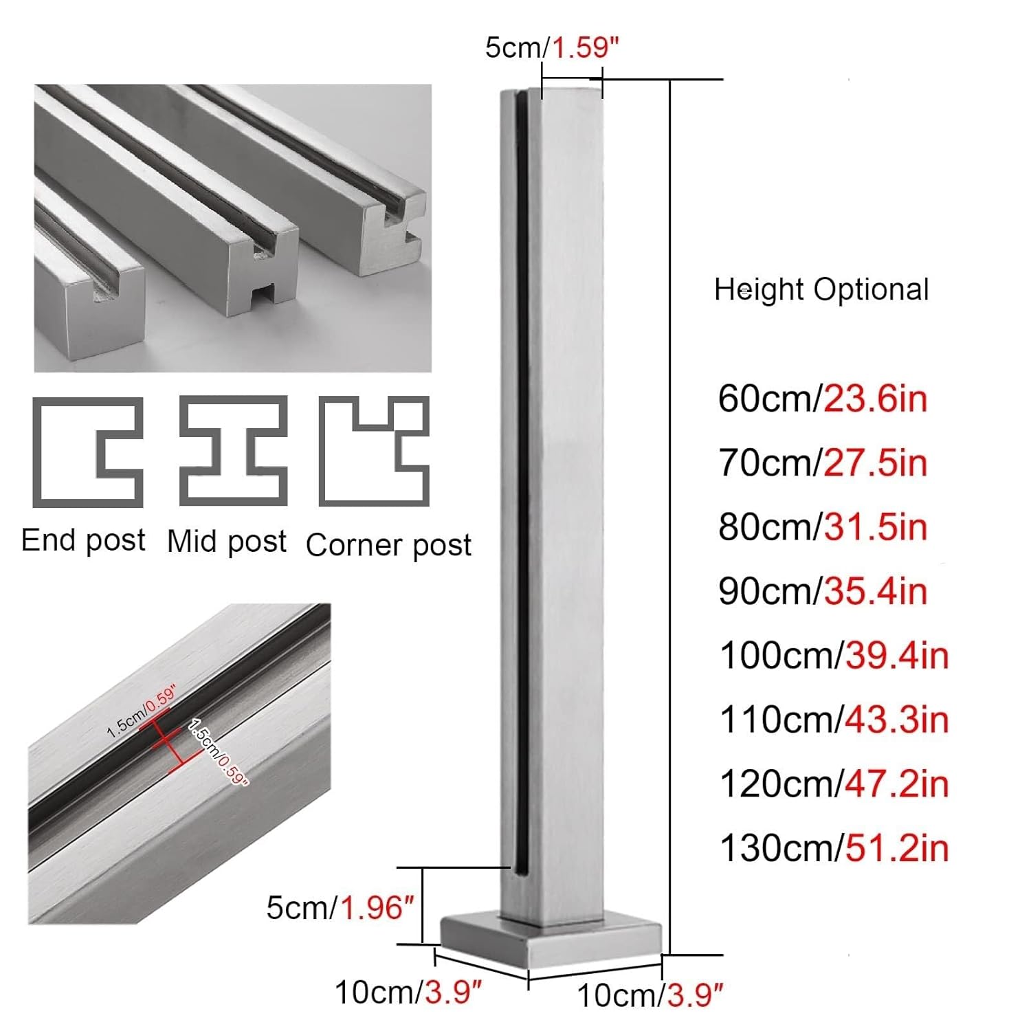 304 Stainless Steel Square Glass Balustrade Post Clamp, 70cm Height, Deck/Loft/Balcony Railing Support for 10-12mm Glass, Easy Installation, End/Middle/Corner Posts Available(Height 110cm/43.3in)