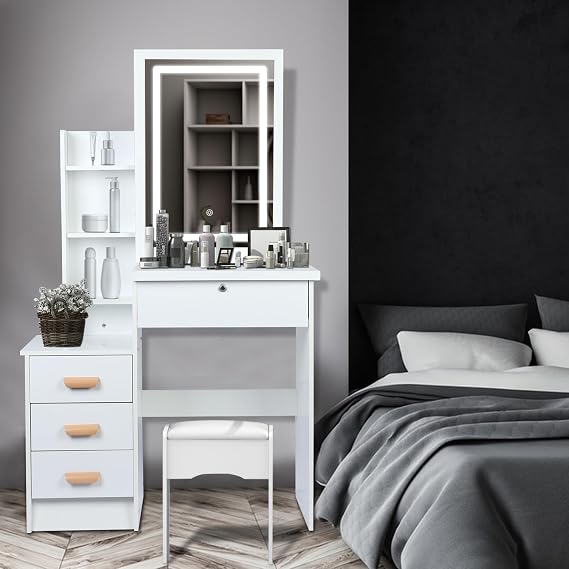 Vanity Desk with LED Lights Mirror,Makeup Vanity Table Set with Storage Drawers & Chair & Shelves,3 Lighting Modes & Adjustable Brightness,Dressing Table for Women Girls Bedroom Dressing Room (White)