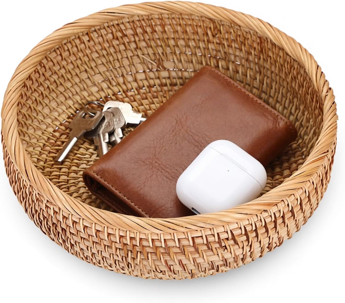 Key Basket for Entryway Table 9.3" Round Wicker Basket Tray Rattan Key Holder Handwoven Decorative Serving Tray for Keys Wallet Cell Phone Fruit Candy Cracker