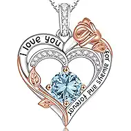 Rose Birthstone Heart Necklaces for Women S925 Sterling Silver I Love You Jewelry Gift for Women Birthday Wedding Anniversary, Mother’s Day Gifts for Mom, Mother, Wife, Girlfriend with Birthstone Pendent Necklace