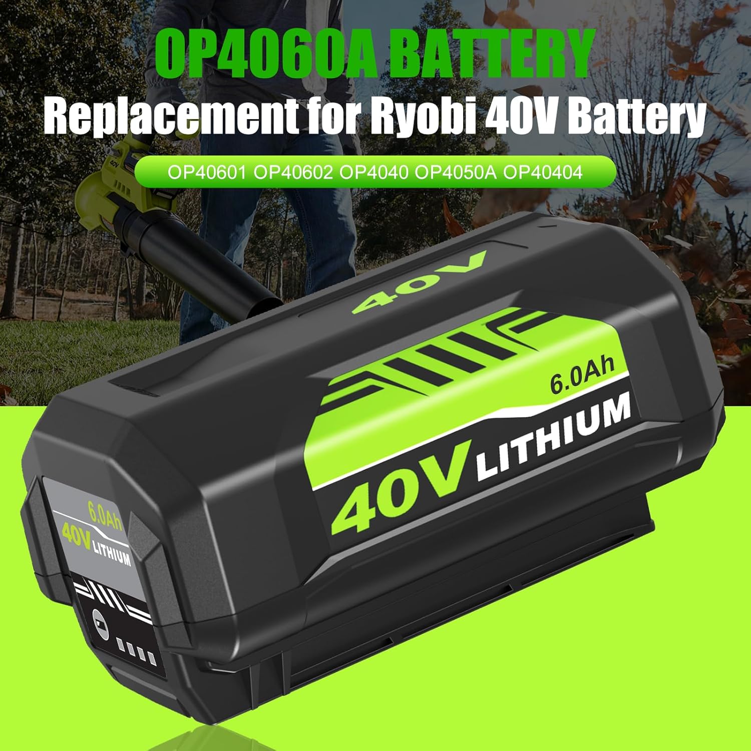 2 Packs 40 Volt 6.0Ah OP40601 Battery Replacement for Ryobi 40V Batteries and OP401 Charger Compatible with Ryobi 40V Lithium ion Battery OP40602 OP4050A OP4040 OP4026 OP40401 OP40501(Green) - Image 2