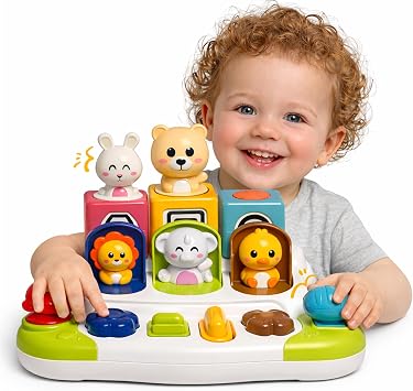 Baby Animals Pop Up Toy, Cause and Effect Toy for 1 Year Old | Music &Lights, Interactive Pop-Up Animals, Buttons & Switches, Montessori Sensory Learning Gift for Toddlers 1-3