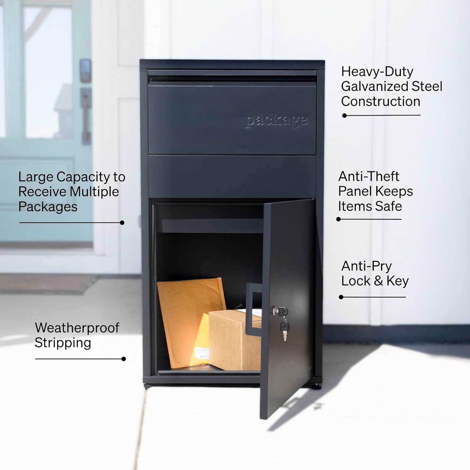adoorn Package Delivery Boxes for Outside, Large 36 x 20.5 x 15 (HxWxD) Security Package Box, Free Standing Anti-Theft Parcel Drop Box - Black