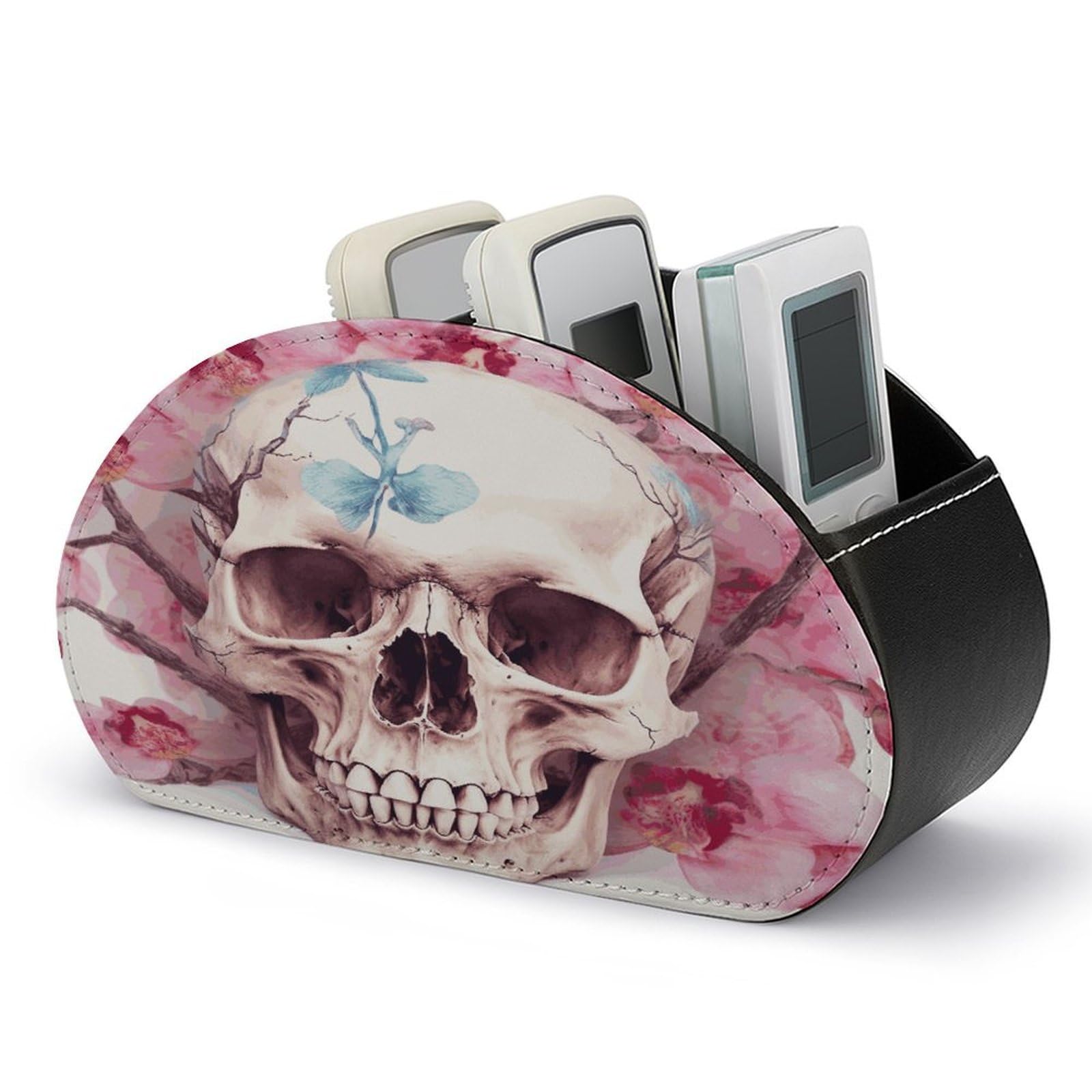 Btcowzrv Style Human Skull Pink Flowers Remote Control Holder With 5 Compartments