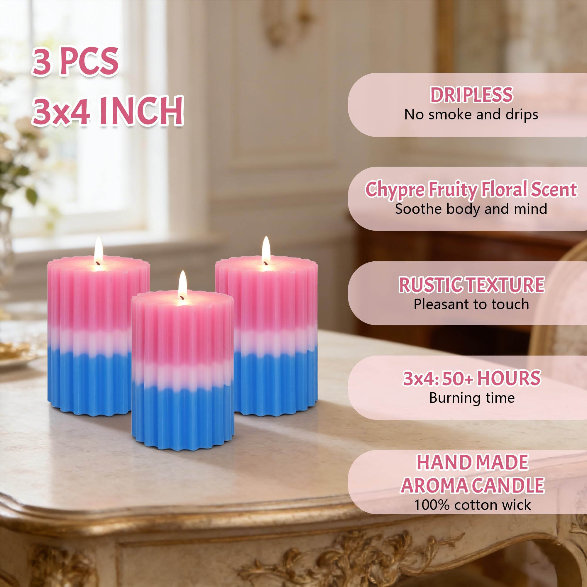 Chypre - Velas de pilar perfumadas florales afrutadas, acanaladas azul y rosa, 3 x 4 pulgadas, núcleo 100% algodón, velas de cera de parafina hechas a mano para baño, sala de estar, decoración