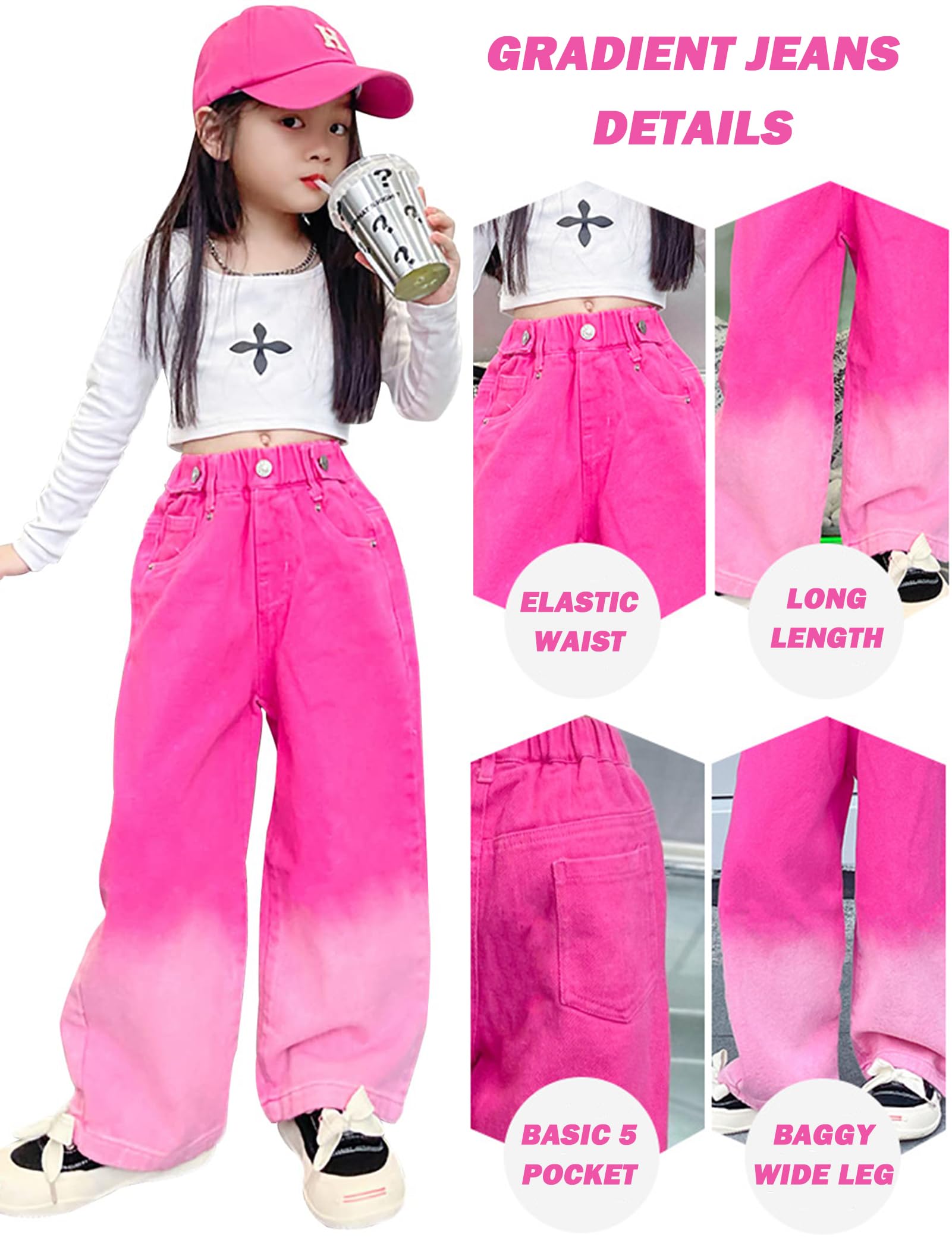 Kiench Mädchen Baggy Jeans Hose Weites Bein Pull-On Pants mit Taschen
