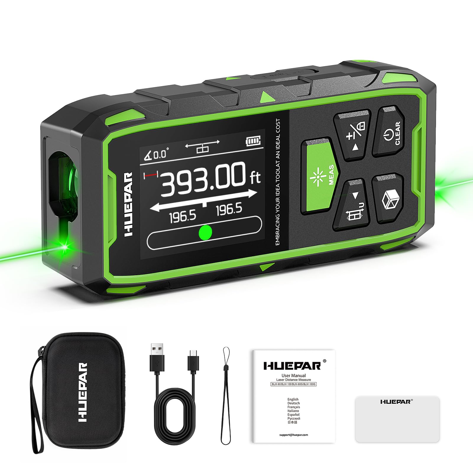 Huepar Dual Laser Measuring Tool, 393Ft Green-Beam Bilateral Digital Laser Distance Measure 6 Units Ft/in/M, Rechargeable Laser Measurement Tool -Backlit LCD Display, Length/Area/Volume/Angle SensorGlobal Recycled StandardGlobal Recycled StandardGlobal Recycled Standard