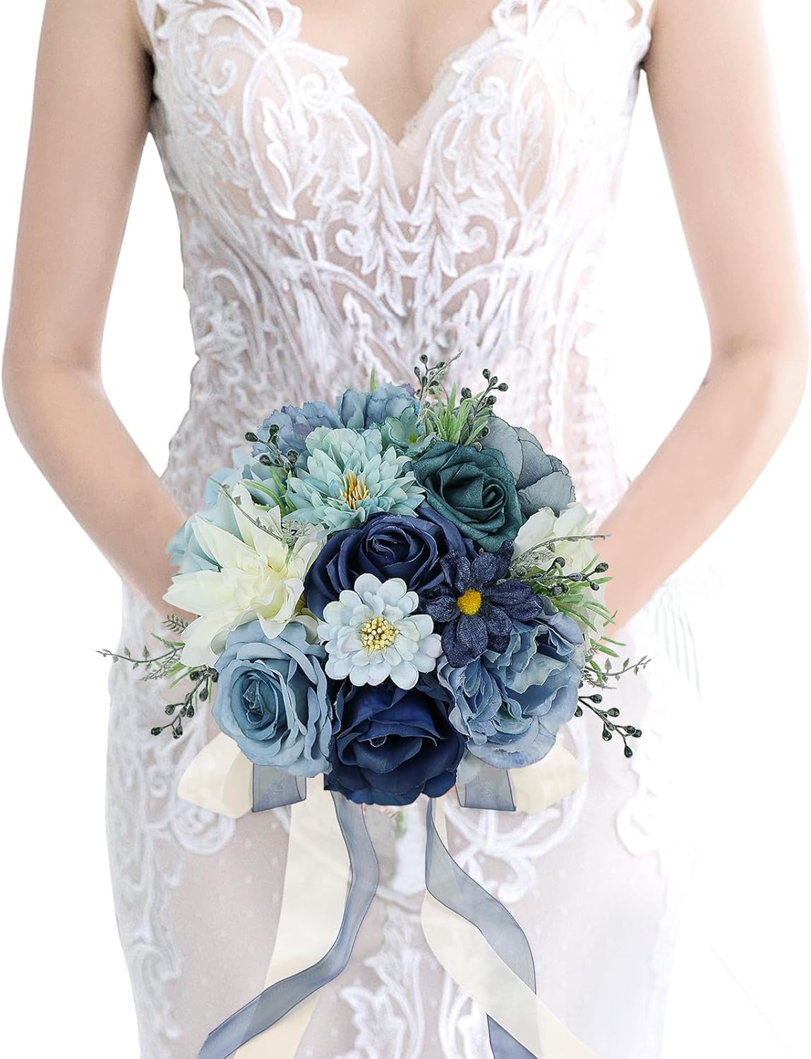 Wedding Bouquets for Bride Bridesmaid 8.5 Inch Dusty Blue Artificial Roses Flowers Bridal Bouquets for Bride Wedding Marriage Proposal Party Church Decoration