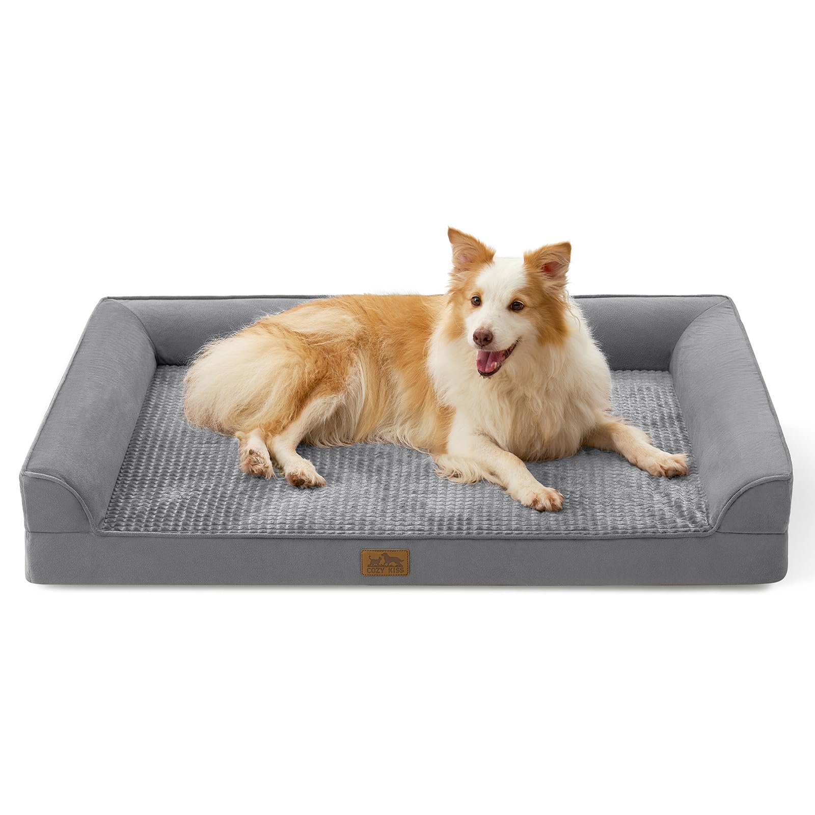 COZY KISS Orthopedic Dog Bed for Extra Large Size Dog, XL Bolster Pet Couch with Waterproof Lining, U Shaped Foam Anti-Slip Bottom Sofa with Washable Removable Cover, 112x81x18cm, Grey