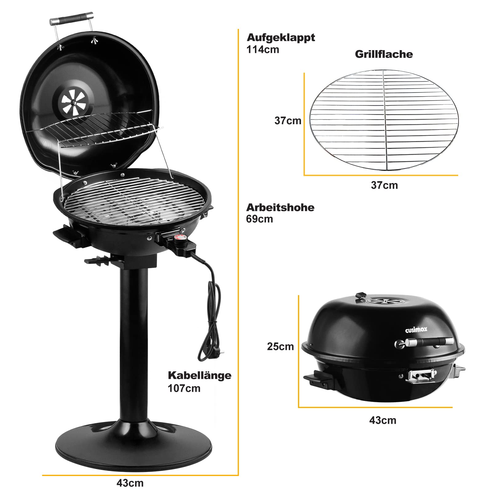CUSIMAX Elektrogrill Standgrill mit Deckel und Standfuß, Regulierbare Temperatur und Fettauffangschale, 1600W Elektrischer Barbecue-Grill für Außennutzung, Balkon & Garten, Leichte Reinigung