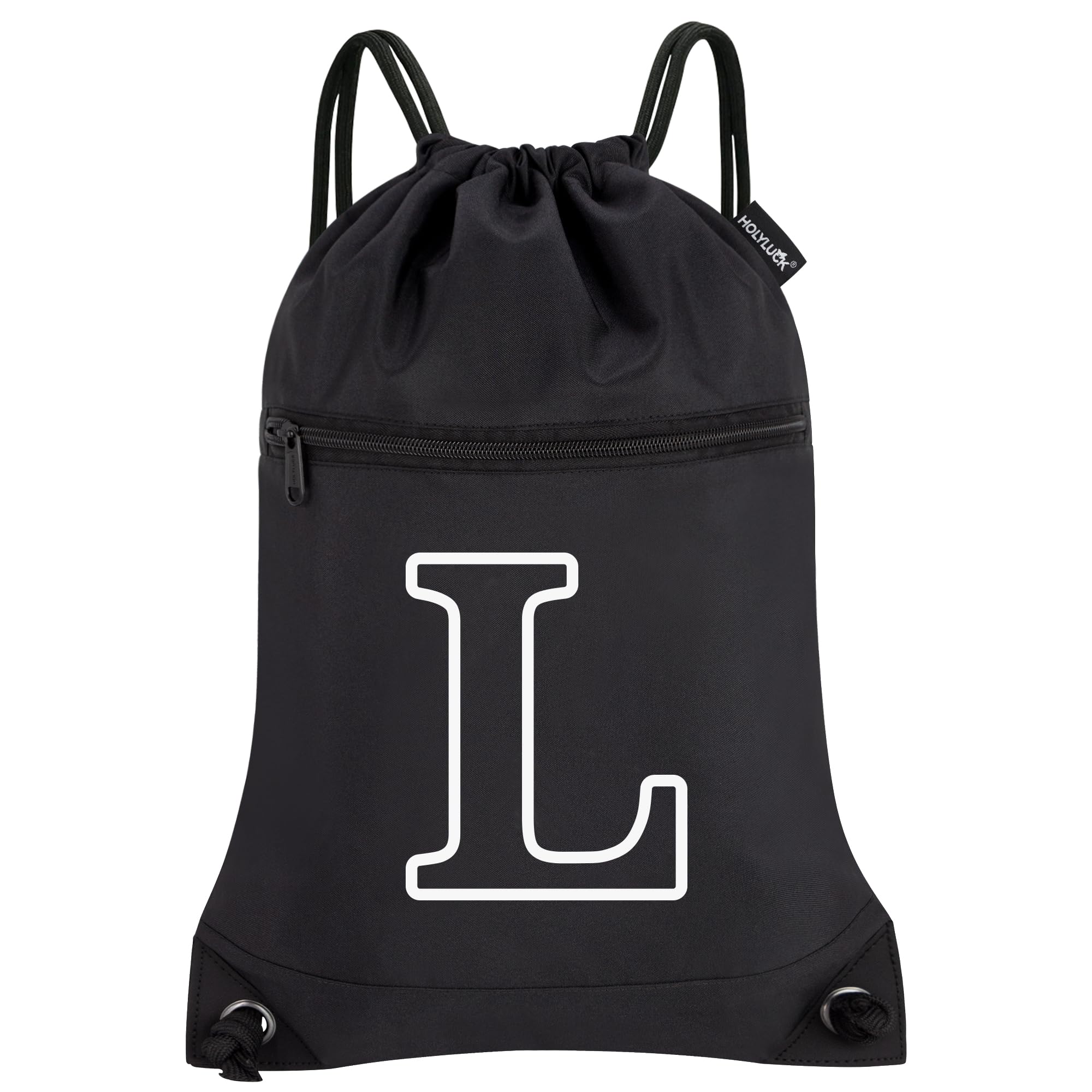HOLYLUCK Drawstring Bags Initial Backpack Sackpack Cinch Bags for Sports, Gym, Travel, Beach (Black-L)