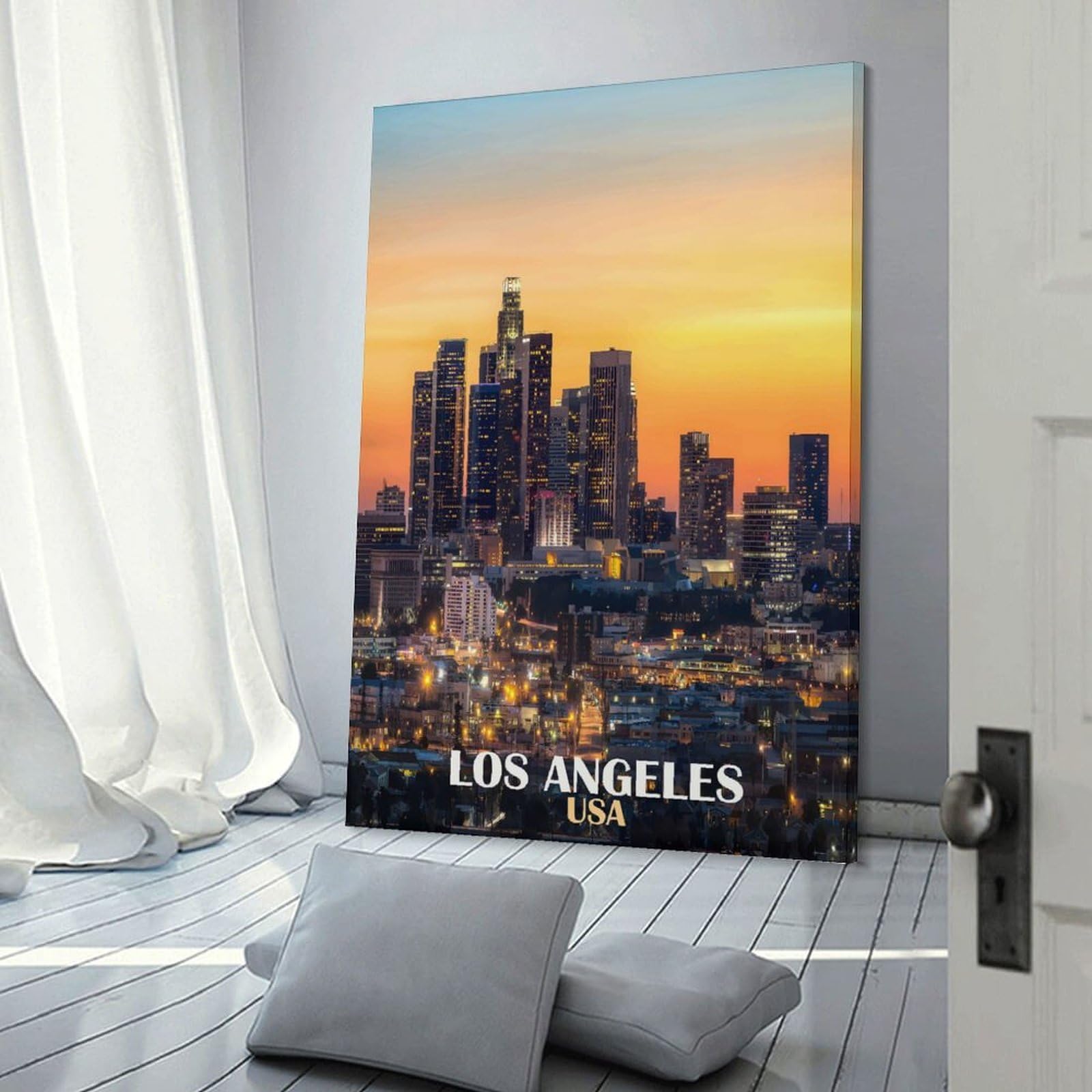 Junmoney Los Angeles Skyline at Sunset(2) Hanging Wall Art 20x30inch(50x75cm), for Study, Office Or Focused Interiors, Wall Art That Adds Style to Work Areas