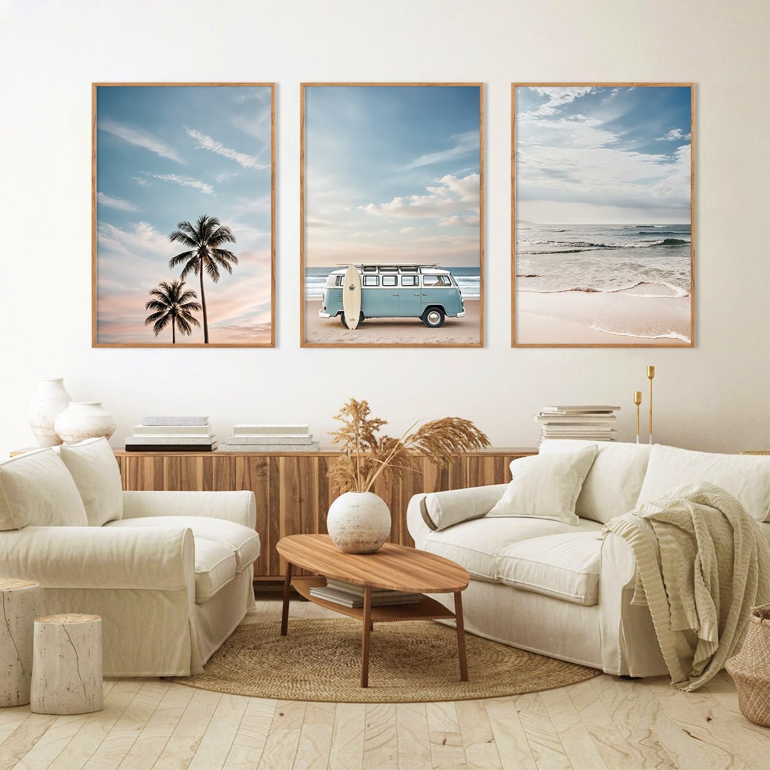 Ausril Large Ocean Beach Framed Canvas Wall Art Set, Bus and Palm Tree Wall Decor, Coastal Beach Surfboard Wall Painting, Modern Seaside Art Prints for Living Room, Bedroom, Dining Room - 24x36x3