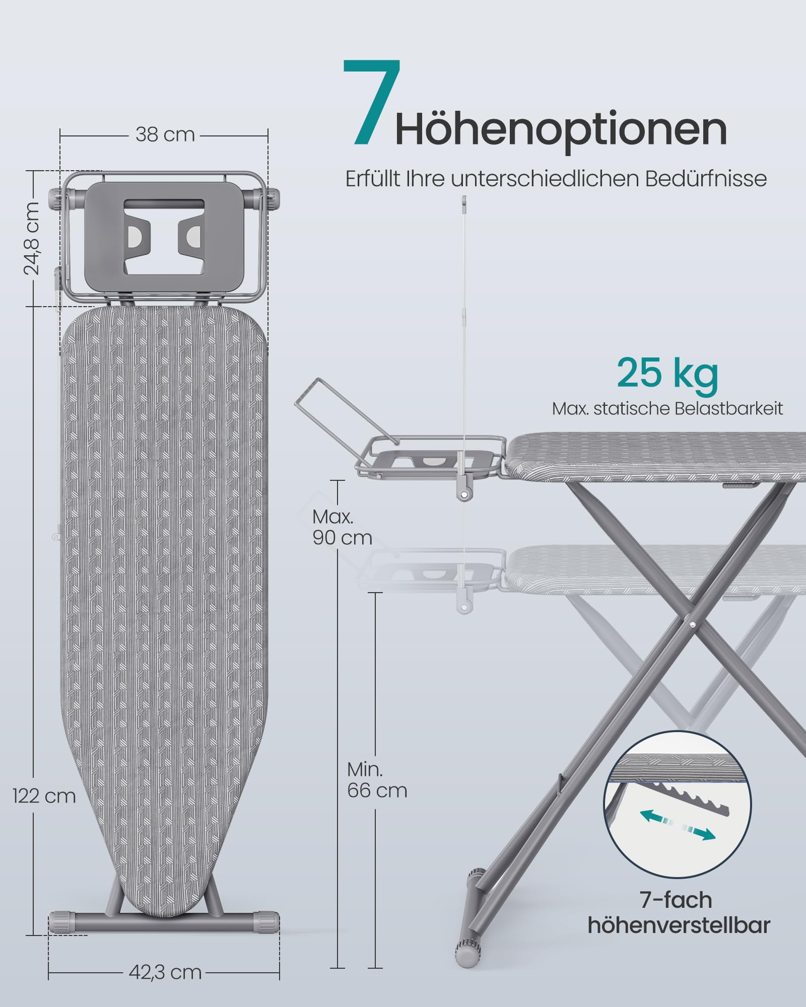 SONGMICS Bügelbrett, 122 x 38 cm Bügelfläche, Bügeltisch höhenverstellbar, klappbar, mit Kabelhalter, Bügeleisenablage, Haken, für Dampfbügelstation, Taubengrau LLB004G101