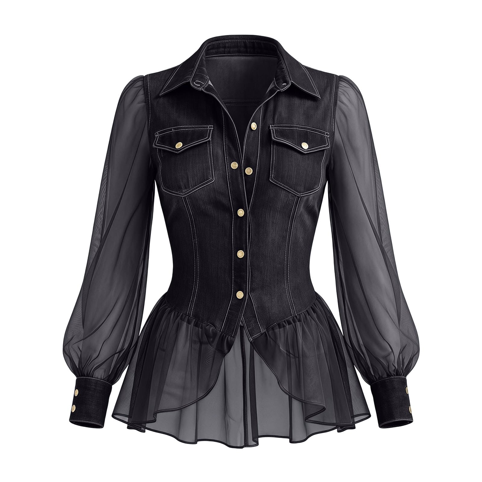 Elegante camicia da donna in jeans con risvolto a maniche lunghe | Camicetta in tinta unita in tessuto denim, vestibilità regolare, con tasca frontale