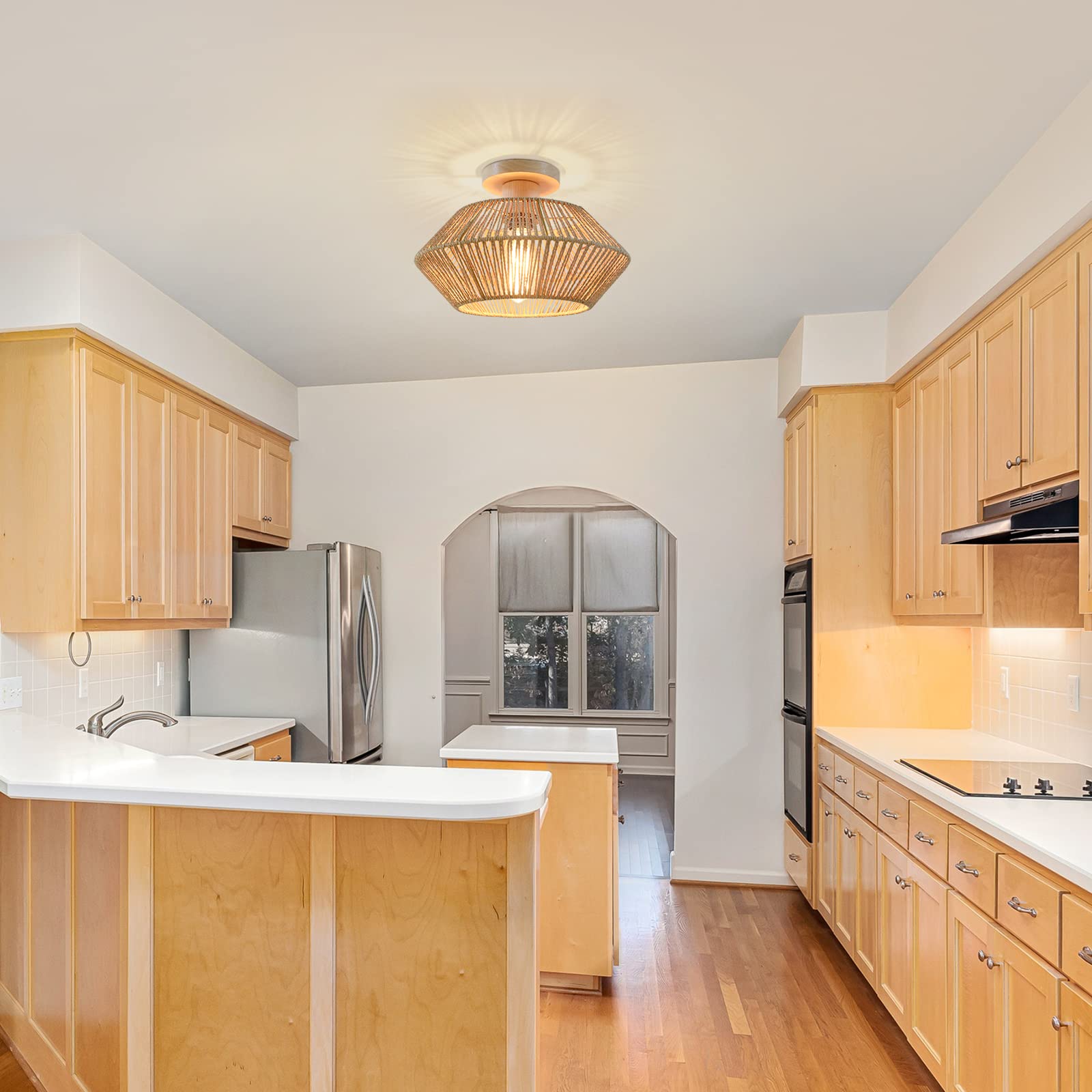 WBinDX Bohemian Woven Rattan Ceiling Light Fixture, Hand-Worked Cage Semi Flush Mount Boho Chandelier, Farmhouse Natural Mini Rattan Chandeliers for Bedroom Nursery Kitchen Hallway Entryway