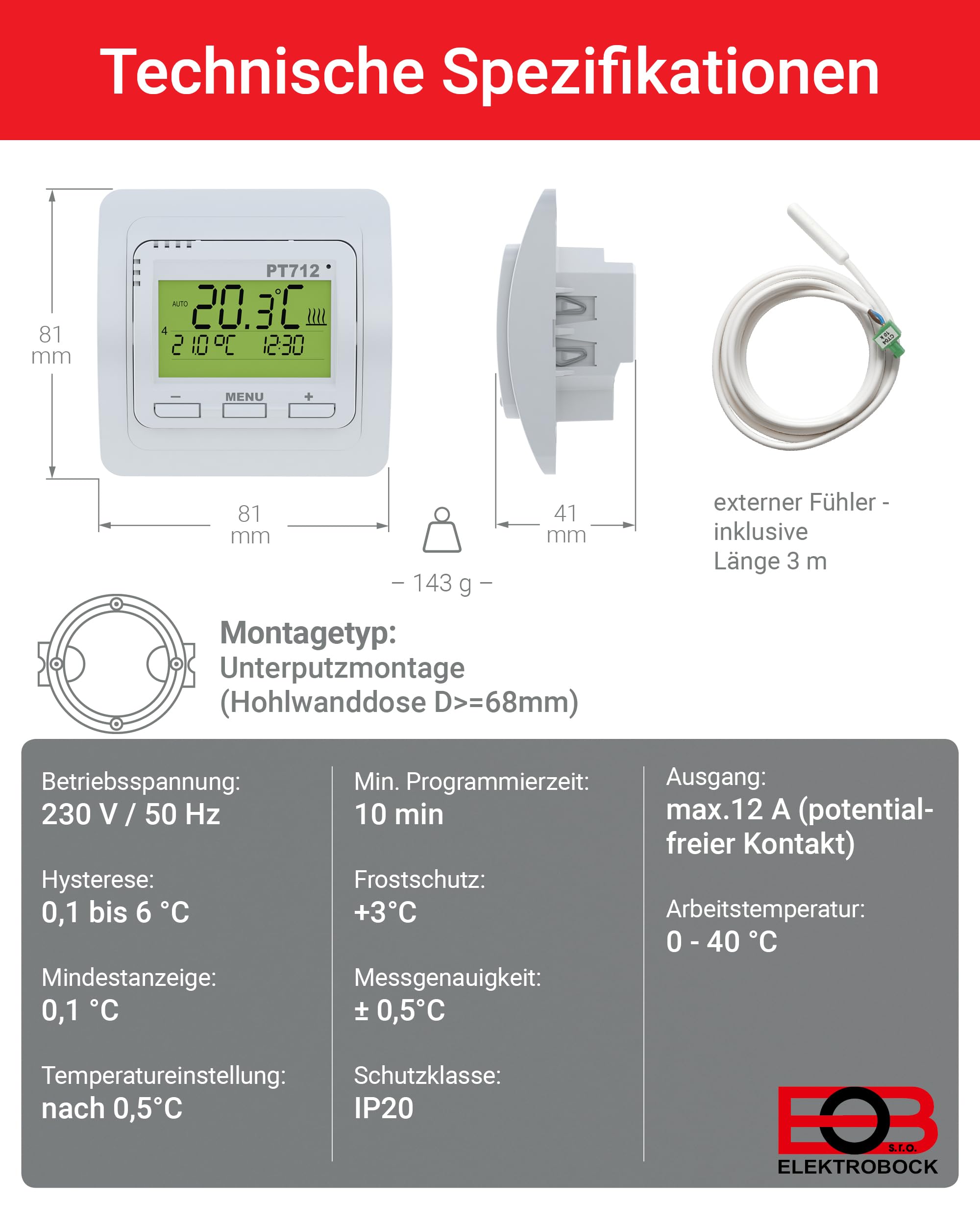 Elektrobock PT712 EI - Termostato digitale per riscaldamento a pavimento