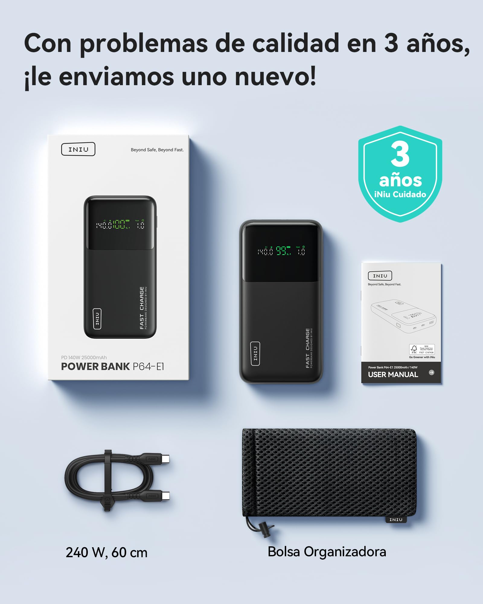 INIU Power Bank, 140W 25000mAh Mini Bateria Externa Fast Charging, Bateria Portatil USB C Input & Output Compatible con iPhone Samsung Google Pixel, Travel Essentials Apto para Hombres y Mujeres, Azul