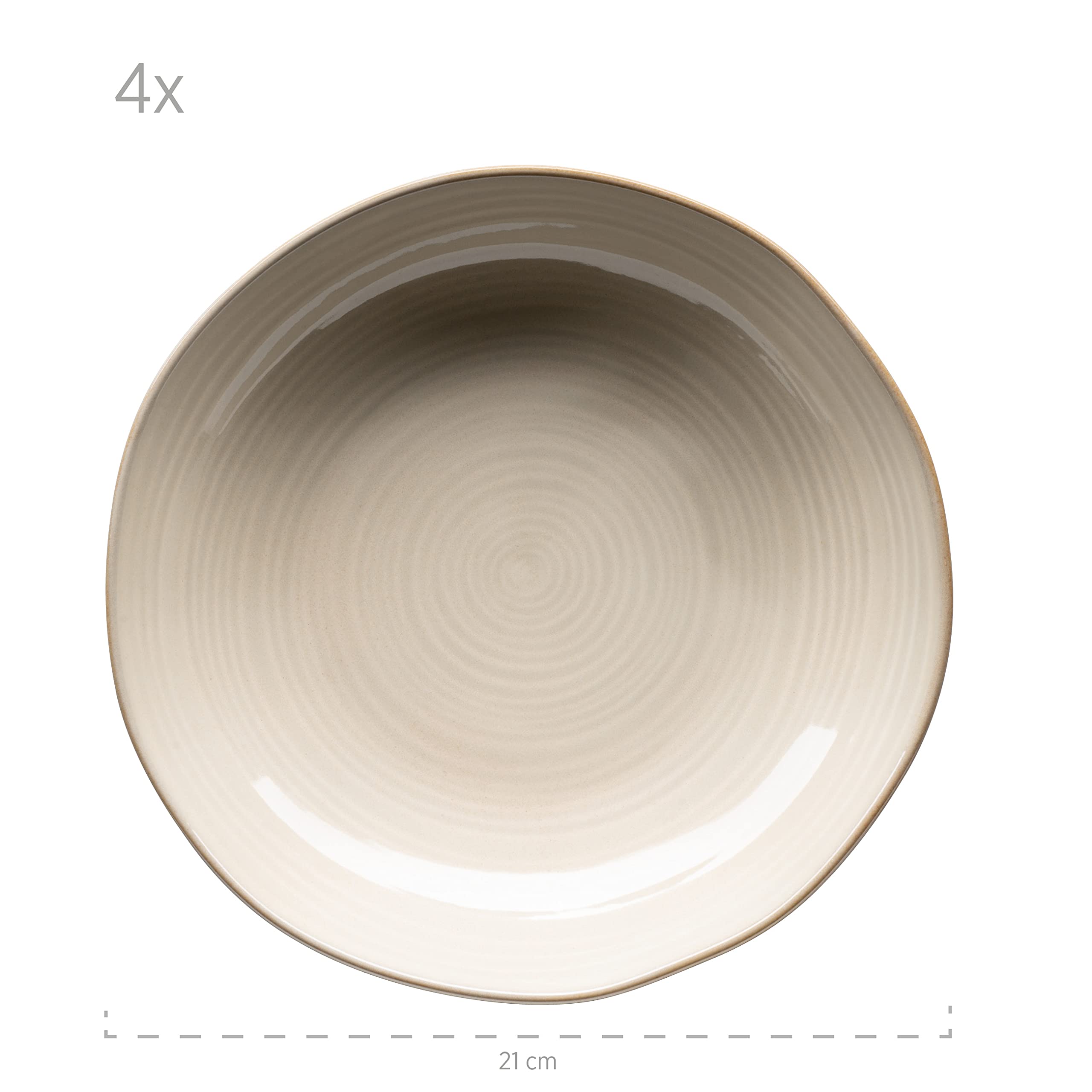 MÄSER Nottingham Lot de 4 assiettes creuses avec jeu de lignes en filigrane et glaçure élégante, grandes assiettes creuses pour pâtes et soupes en céramique au look vintage moderne, grès, beige