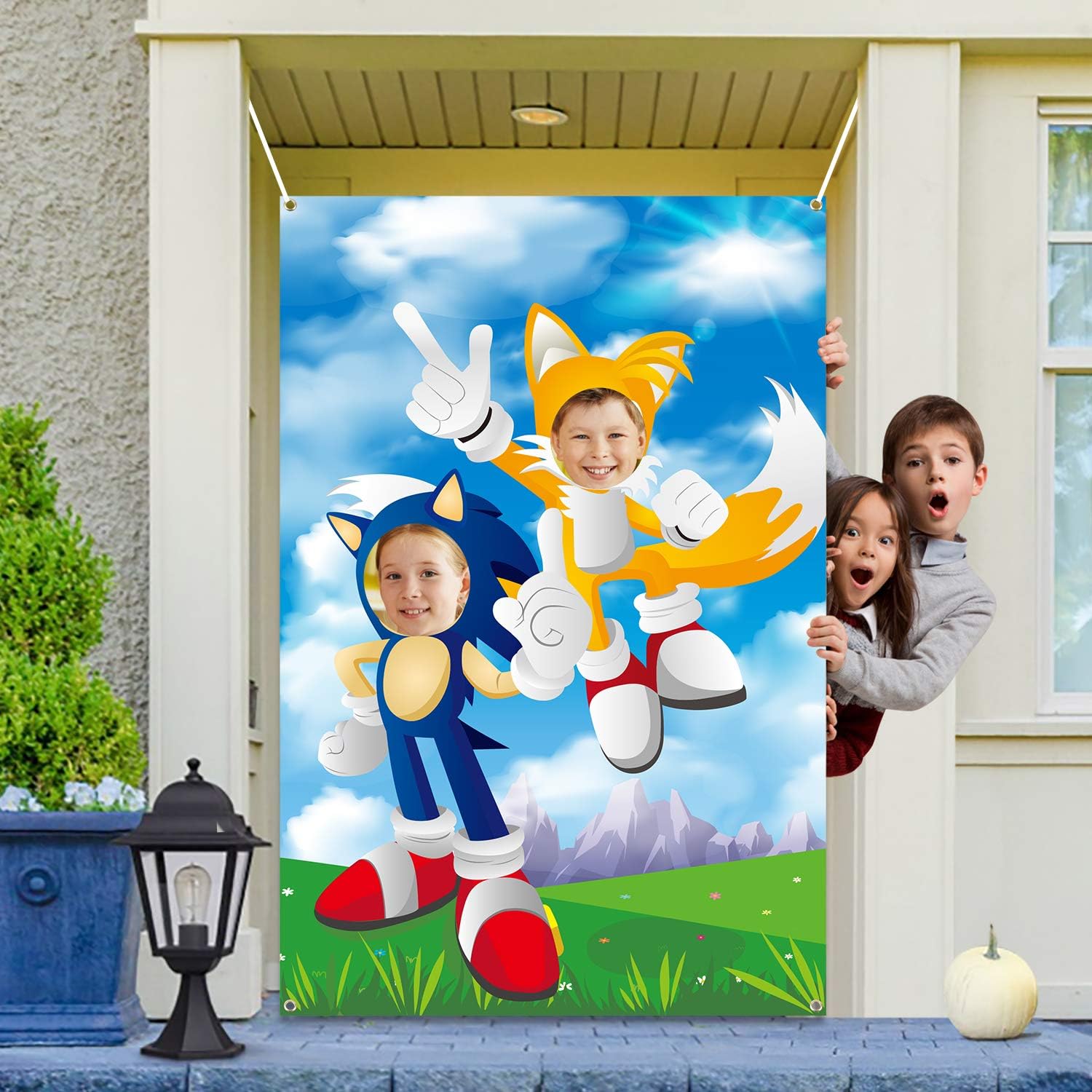 AOVRO Sonic Photo Door Backdrop Props Themed Face Frame Photos Banner Large Fabric Door Party Supplies Hanging Decoration Pretend Photo Booth Props for Birthday Sonic Halloween Party