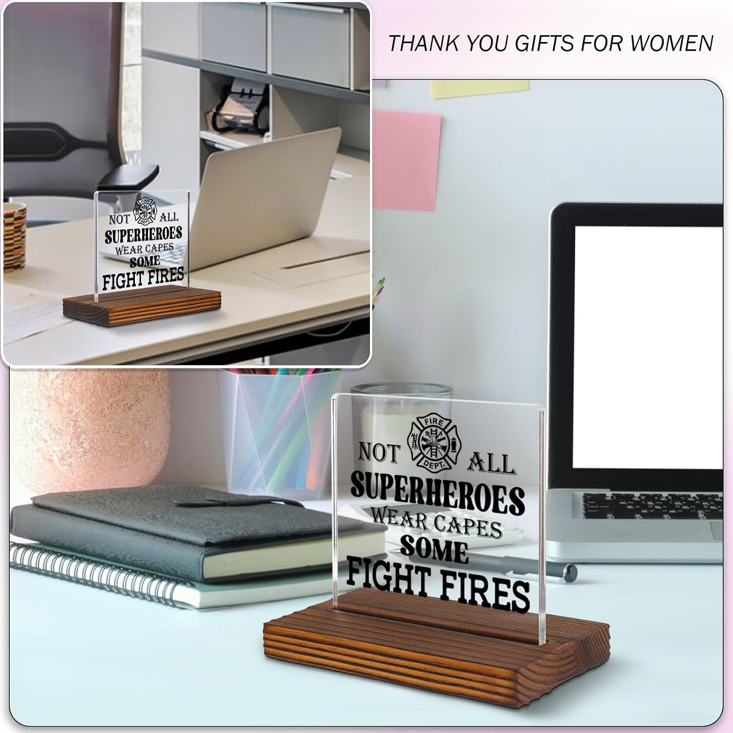 Firefighter Gifts Clear Desk Decorative Sign, Not All Superheroes Wear Capes Fire Academy Graduation Plaque, First Responder Firefighter Appreciation Birthday Retirement Acrylic Plaque EDC55 image 3