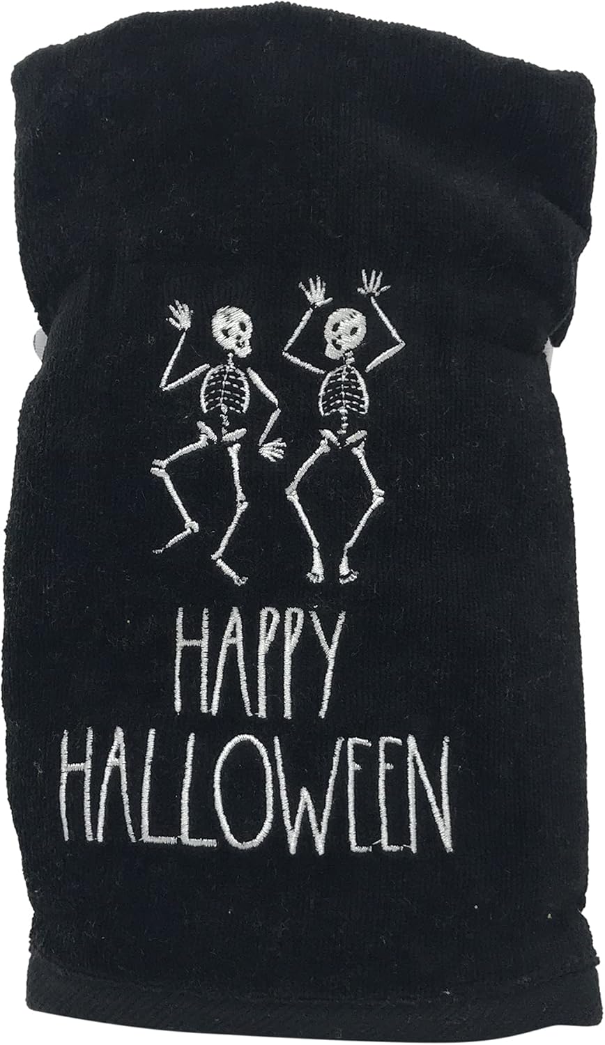 Rae Dunn Set of 2 Halloween Hand Towels, (16" x 30") (Black/Skeleton Happy Halloween/Velour)