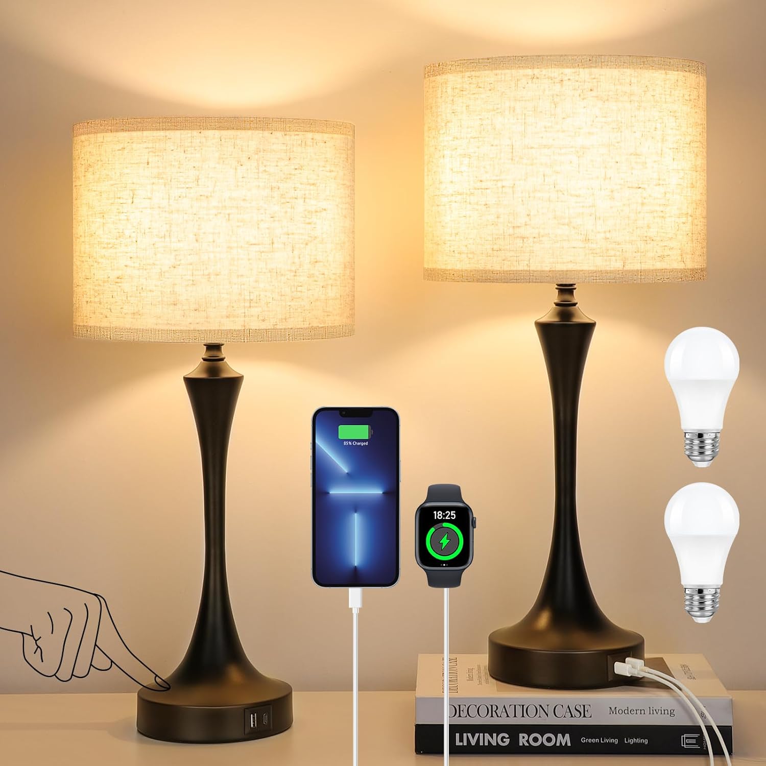 GGOYING 22” Set of 2 Touch Control Table Lamp with USB A+C Ports, 3-Level Dimmable Bedside Lamp with Fabric Lampshade, 3000K LED Bulbs, Nightstand Lamp for Bedroom Livingroom Office, Black