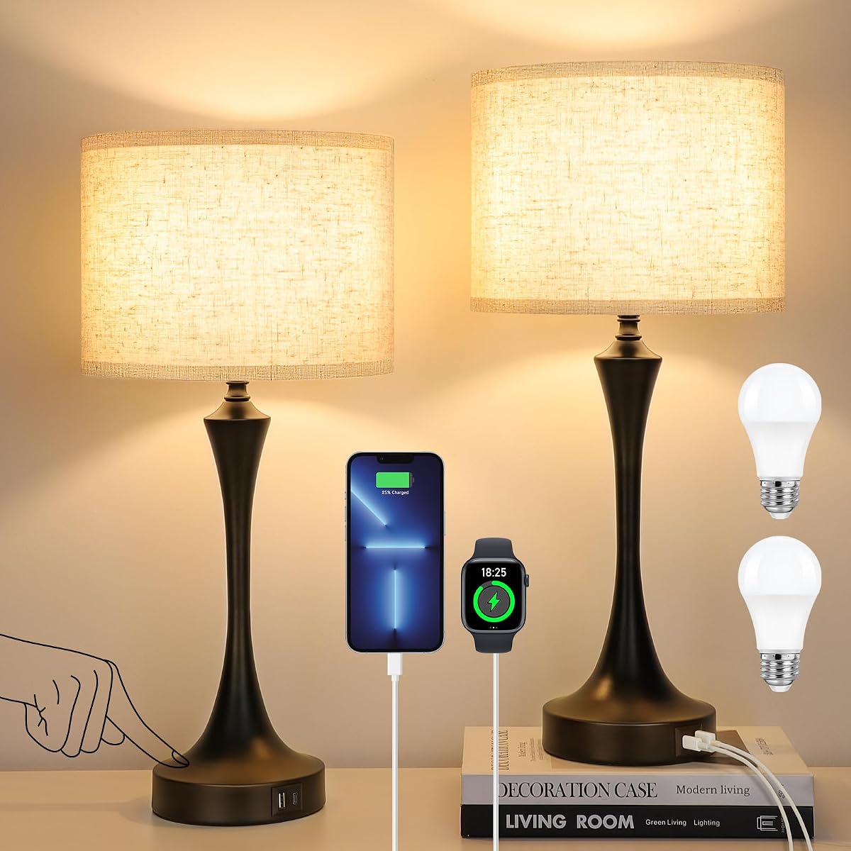Ggoying 22 Set Of 2 Touch Control Table Lamp With Usb A+C Ports, 3-Level