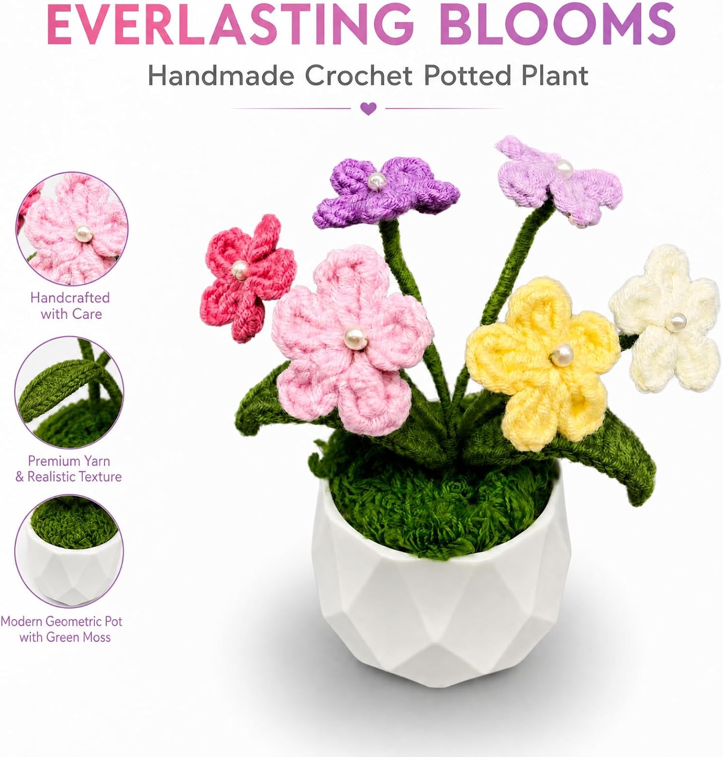Crochet Flowers Hand Crocheted Potted Plants for Desk Home Office image 2