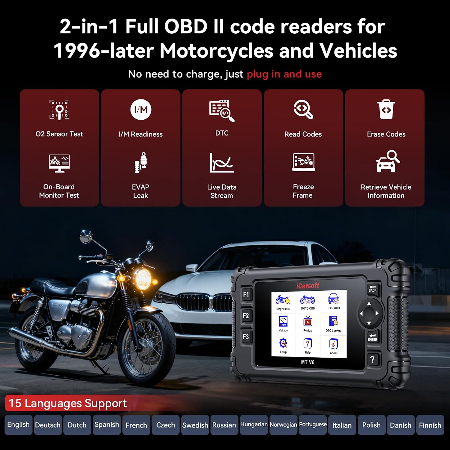 iCarsoft MT V6 for Triumph Motorcycle Full System Diagnostic Scan Tool Motorbike, Car 2-in-1 OBD2 Scanner Code Reader Up to 53 Services and 55 Bidirectional Tests Battery Test Lifetime Free Update