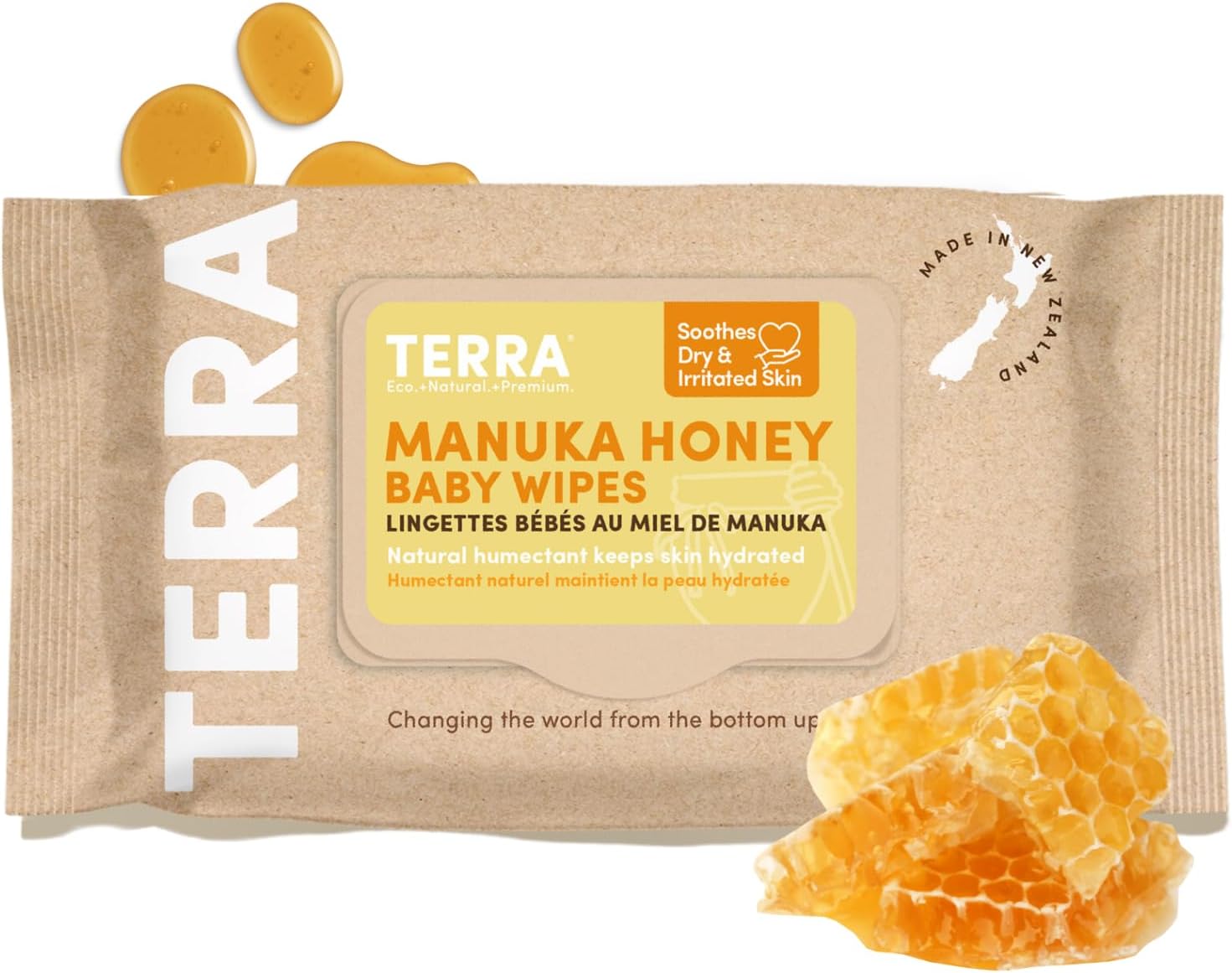 Terra Bamboo Baby Wipes: 99% Pure New Zealand Water + Manuka Honey, 100% Biodegradable Bamboo Fiber, 0% Plastic, Keep Skin Hydrated, Soothes Dry & Irritated Skin, 0+ Months, 1 Pack of 70 Wipes