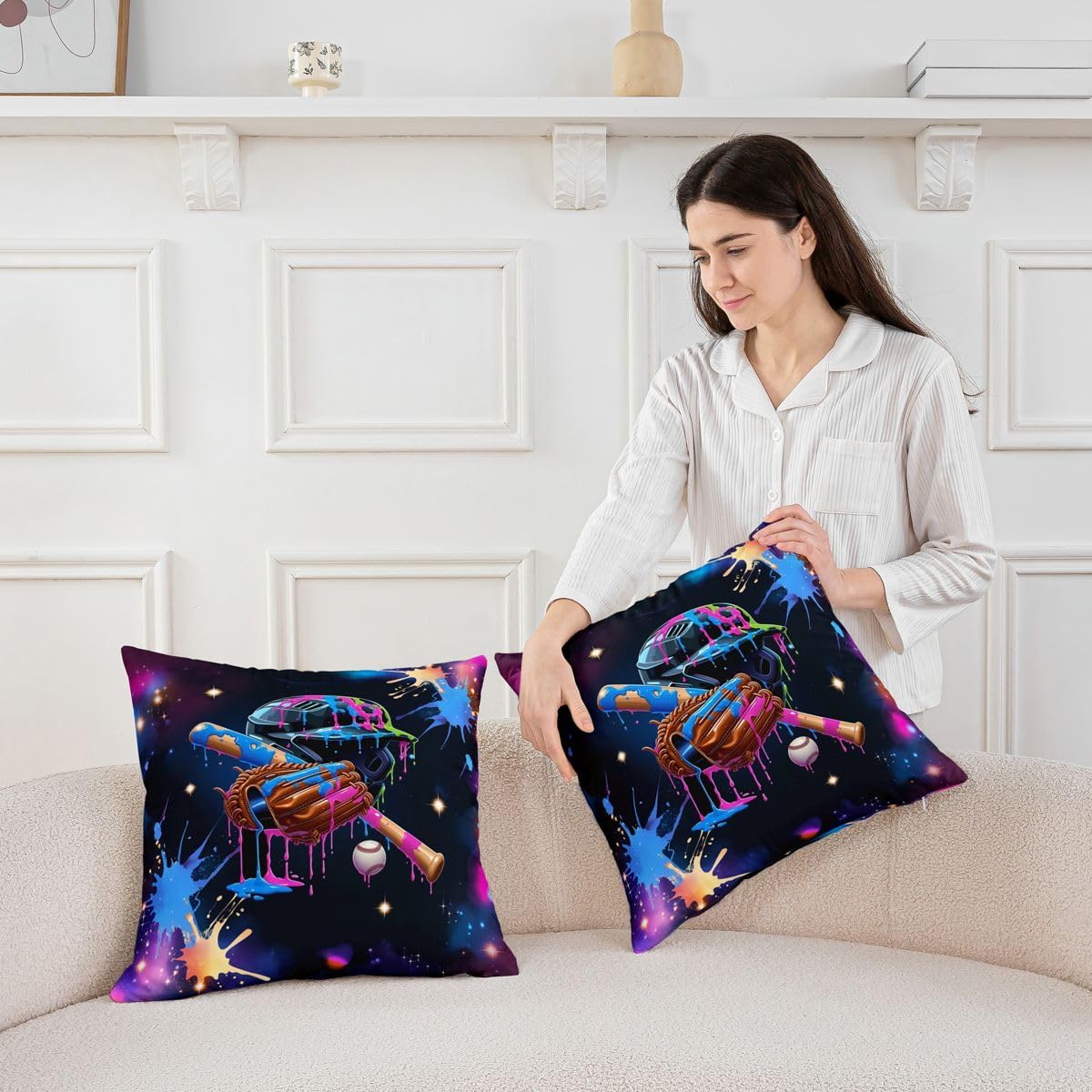 Erosebridal Boys Baseball Throw Pillow Covers 24x24 Cool Watercolor Splatter Ball Pillow Cover Neon Starry Sports Room Decor Cushion Cover Baseball Gaming Theme Pillowcases for Couch Sofa image 4