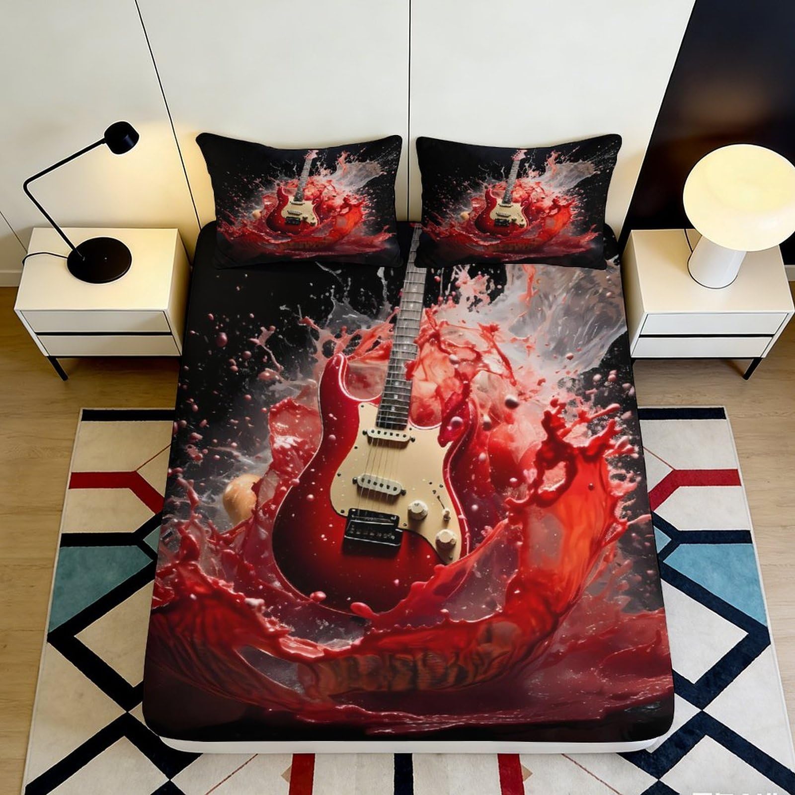 3D Printed Electric Guitar Splash Fitted Sheet Microfiber Vibrant Red Artistic Bed Cover for Bedroom Dorm Mattress Decor 90x200x25cm