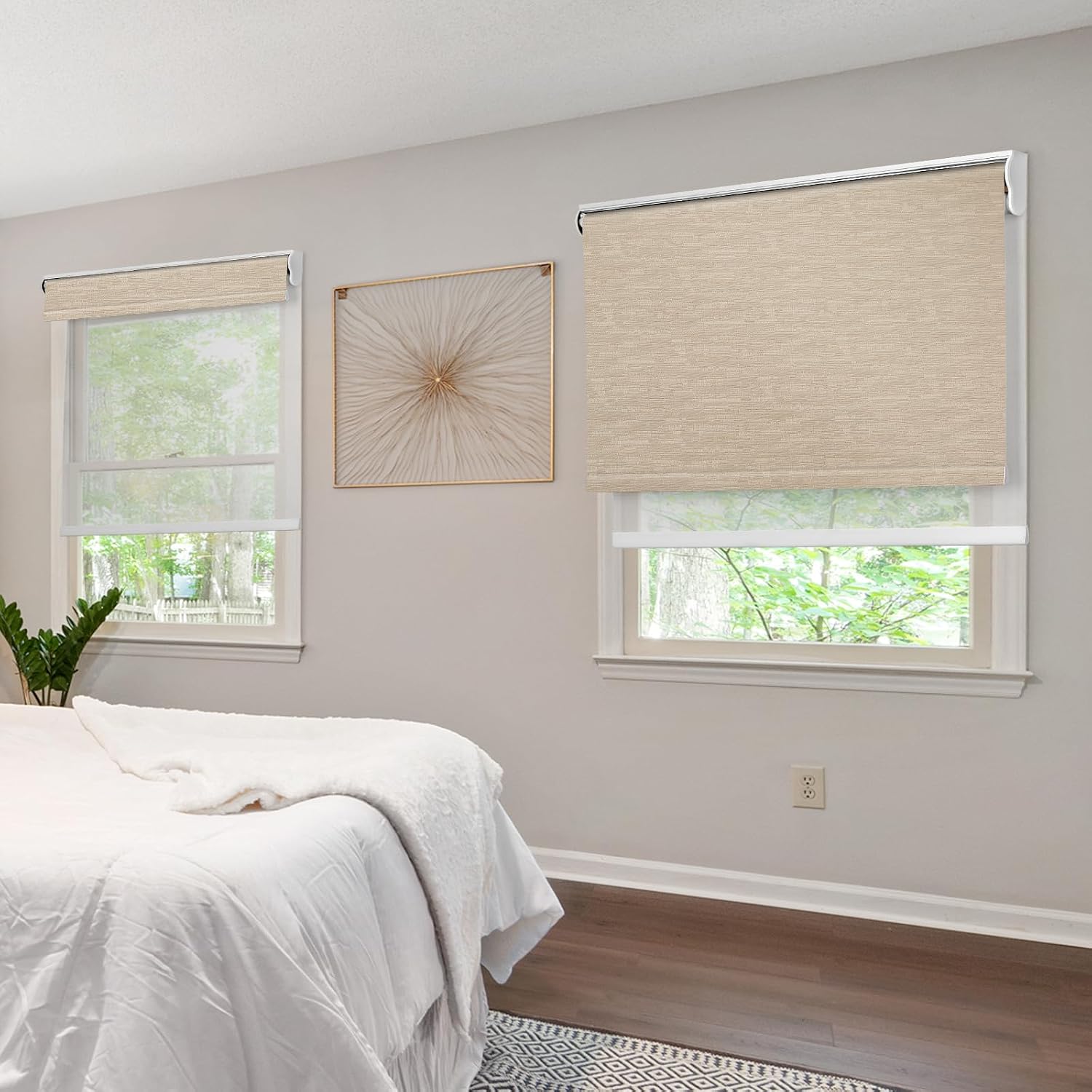 Dual Roller Shades for Windows Custom to 88" Width Day and Night Double Layer Shade Blackout and Light Filtering Blinds with Valance Jacquard Coffee+ Foggy White