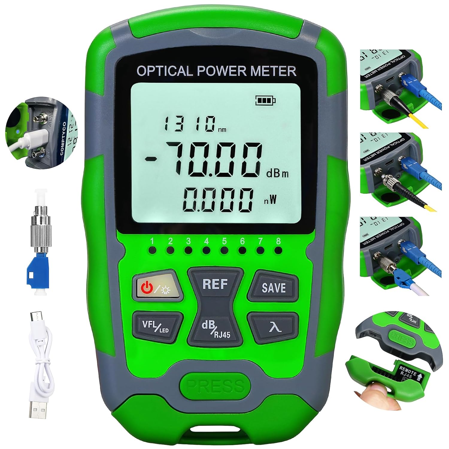 Rechargeable Optical Power Meter A-MC70-30 (-70~+10dBm) mini Fiber Cable Tester for SC/FC/ST/LC Interface 4-in-1 Function with Fiber Test Pen 30 & RJ45 LED Equipped with 1 FC-LC Adapter