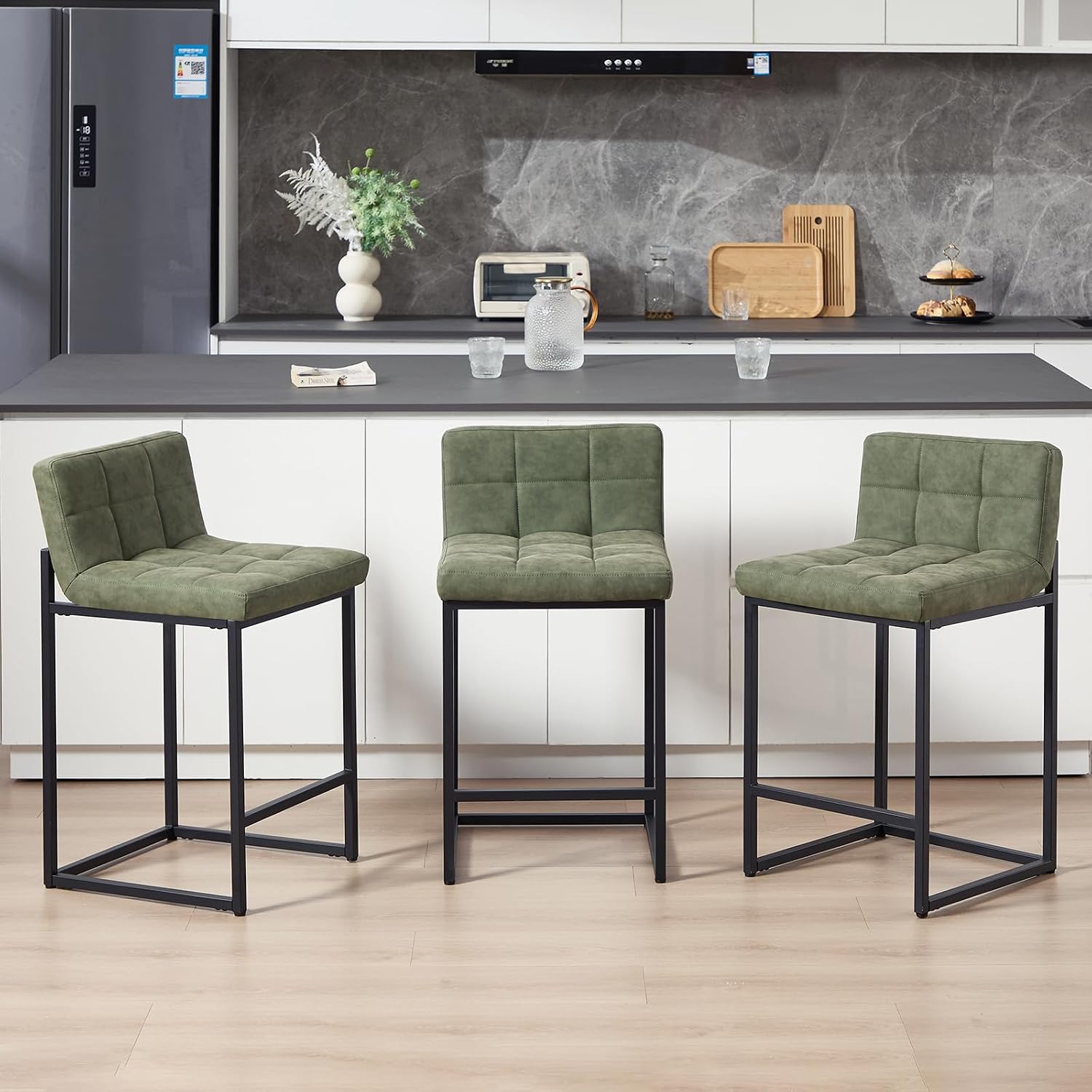 Counter Height Bar Stools Set of 3, 24" Faux Leather Modern Barstools with Low Back and Metal Legs Footrest, Upholstered Bar Chairs for Kitchen Island, Bar, Counter,Green